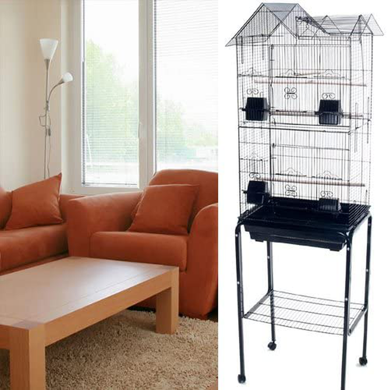 Mcage Large Double Roof Top Canary Parakeet Cockatiel Lovebird Finch Bird Cage with Rolling Stand Animals & Pet Supplies > Pet Supplies > Bird Supplies > Bird Cages & Stands Mcage Black