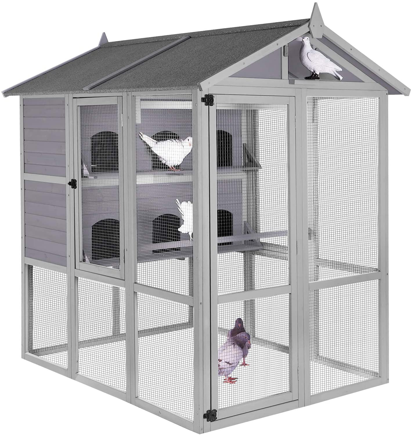 PawHut 65 Wooden Bird Cage Outdoor Aviary House for Parrot, Parakeet, with  Pull Out Tray and 2 Doors, Grey