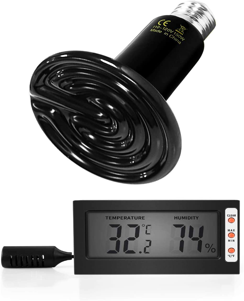 Simple Deluxe 150W Reptile Heat Bulb and 8.5 Inch Clamp Light/Thermo&Hygro Meter/ 40-108 Degrees Fahrenheit Digital Thermostat Controller Combo Set for Amphibian Pet & Incubating Chicken Animals & Pet Supplies > Pet Supplies > Reptile & Amphibian Supplies > Reptile & Amphibian Habitat Heating & Lighting Simple Deluxe Heat Bulb+Hygrometer