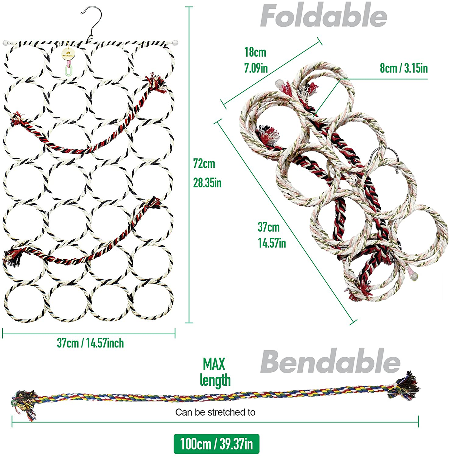 Duckiimo 3Pack Parrot Climbing Net Toys-Bird Rope Ladder Bungee Toy-Bird Swing Hanging Cage-Perch Stand Chew Toys for Parrot, Cockatiel, Parakeets, Cockatoos, Budgies, Conure, Macaw Animals & Pet Supplies > Pet Supplies > Bird Supplies > Bird Ladders & Perches Duckiimo