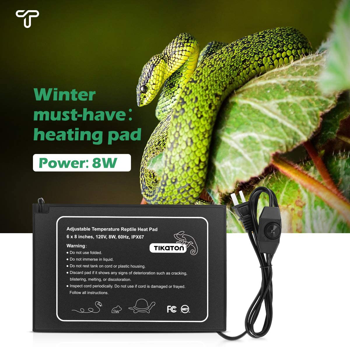 Tikaton Reptile Heat Pad - Temperature Adjustable under Tank Heater for 10-20Gal/30-40Gal Tank, Terrarium Heat Mat for Turtle/Snake/Lizard/Frog/Spider/Plant Box Animals & Pet Supplies > Pet Supplies > Reptile & Amphibian Supplies > Reptile & Amphibian Substrates Tikaton