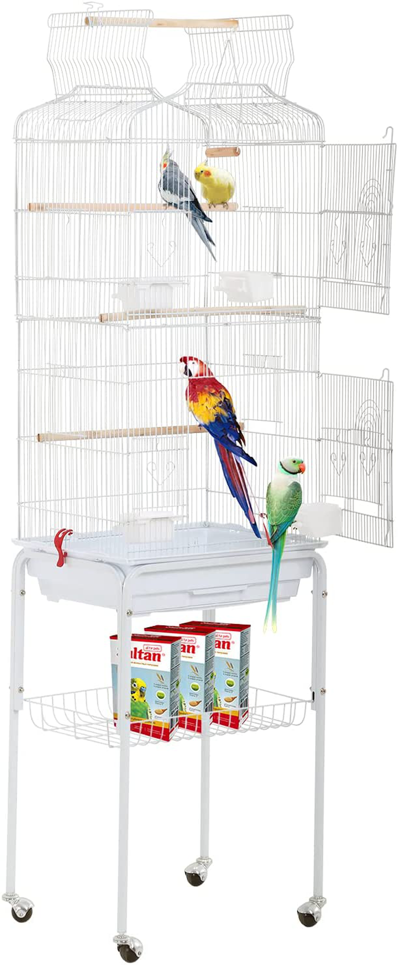Bird Cage Parakeet Cage 64 Inch Open Top Standing Parrot Cage Accessories with Rolling Stand for Medium Small Cockatiel Canary Parakeet Conure Finches Budgie Lovebirds Pet Storage Shelf Animals & Pet Supplies > Pet Supplies > Bird Supplies > Bird Cages & Stands HCY White