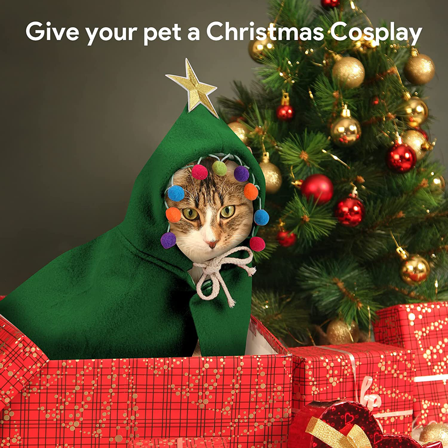 Lewondr Cat Dog Christmas Costume - Xmas Cloak with Star and Pompoms Pet Santa Cape with Santa Hat Party Cosplay Dressing up for Cats and Small Medium Dogs Christmas Outfit Clothes Costumes Animals & Pet Supplies > Pet Supplies > Cat Supplies > Cat Apparel Lewondr