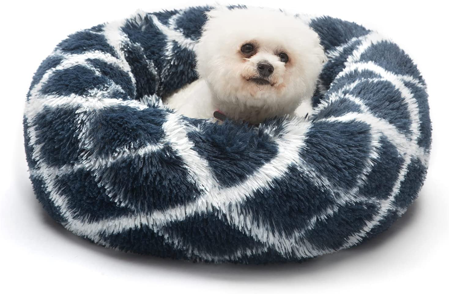 Calming Cat Bed for Cats Dogs Donut round Pet Beds for Small Dogs Fluffy Washable Small Medium Large Dog Beds anti Anxiety Cushion Plush Kennel Animals & Pet Supplies > Pet Supplies > Dog Supplies > Dog Beds HANHVOIS Navy Blue White 20 Inch
