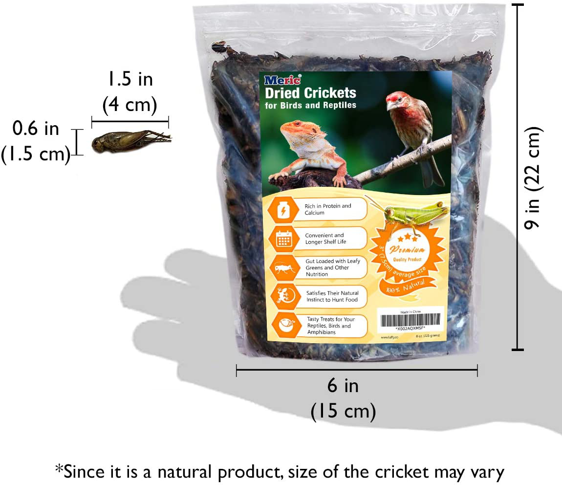 Meric Dried Crickets, 1.5” X 0.5”, Supplementary Food for Chicken, Ducks, Birds and Geese, Loved by Bearded Dragons and Geckos, Energy Treat for Fish and Hedgehogs, 8 Oz Animals & Pet Supplies > Pet Supplies > Reptile & Amphibian Supplies > Reptile & Amphibian Food Meric