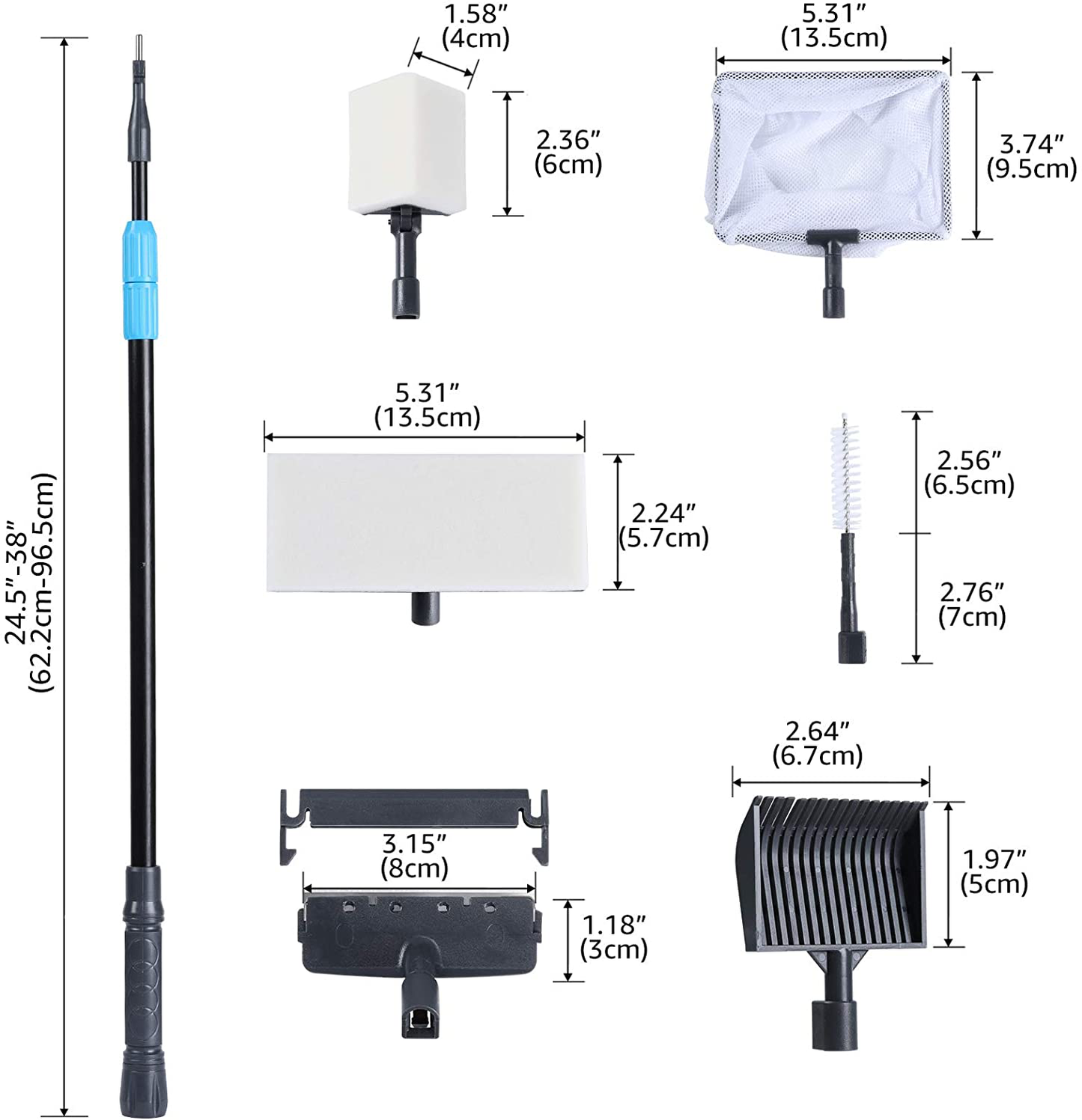 Aquamiracle 6 in 1 Aquarium Cleaning Tool Kit Fish Tank Cleaning Kit for 20-160 Gallon Tank with Telescopic Long Handle, Algae Scraper, Scrubber Pads, Tube Cleaner, Fish Net, Gravel Rake Animals & Pet Supplies > Pet Supplies > Fish Supplies > Aquarium Cleaning Supplies AquaMiracle