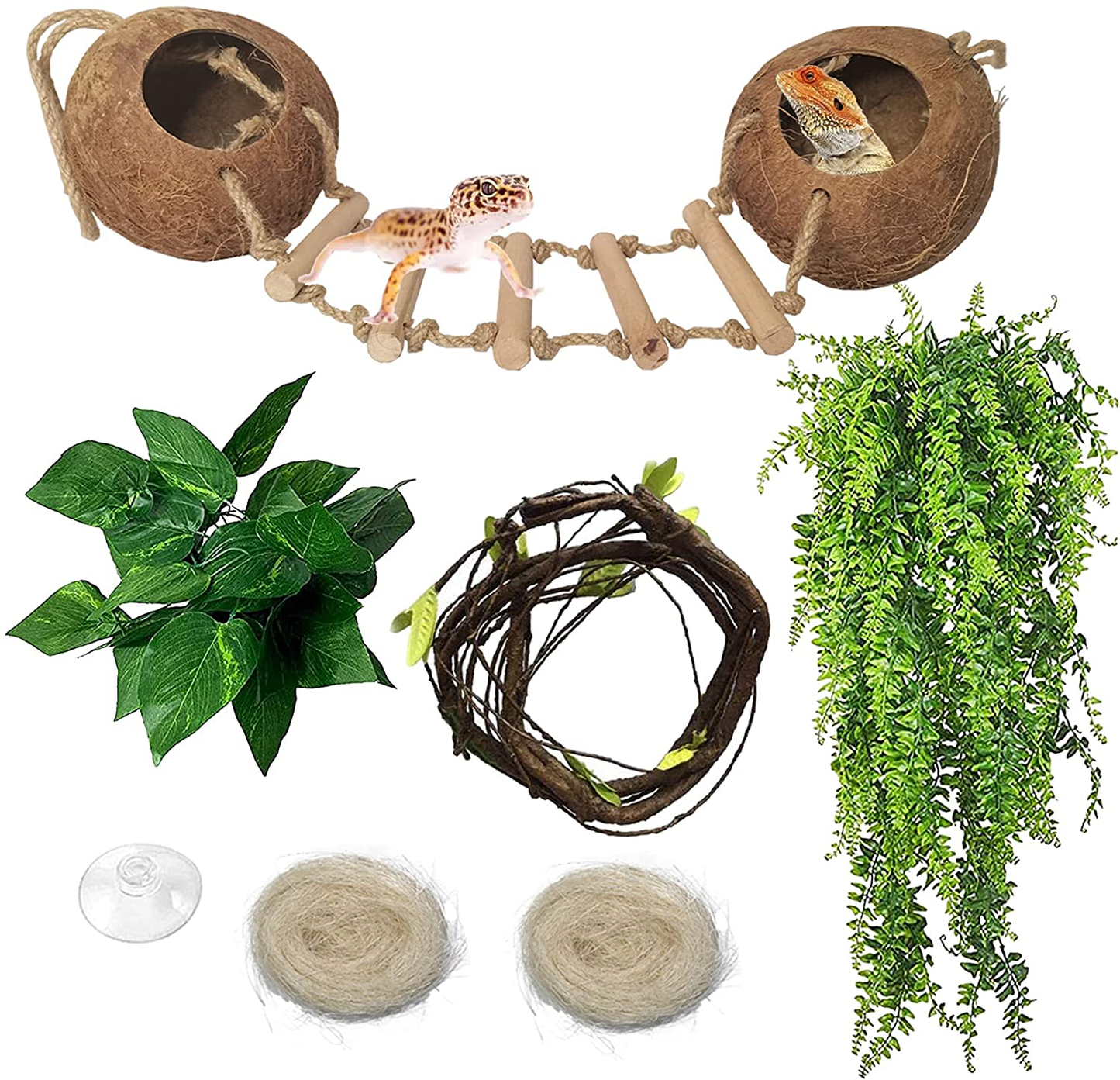 Gecko Coco Den Reptile Hideouts, Raw Coconut Husk Hut for Leopard Gecko, Sturdy Hanging Home, Climbing Porch, Hiding, Sleeping & Breeding Pad Animals & Pet Supplies > Pet Supplies > Reptile & Amphibian Supplies > Reptile & Amphibian Habitat Heating & Lighting Hamiledyi Double