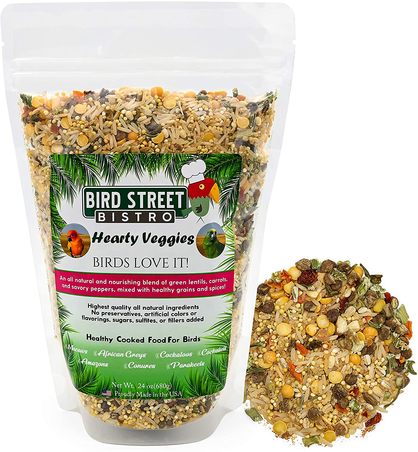 Bird Street Bistro Parrot Food Cooks in 3-15 Min| Natural & Organic Grains and Legumes, Healthy, Non-Gmo Fruits, Vegetables, Healthy Nuts, and Spices - No Fillers, Sugars, or Sulfites Animals & Pet Supplies > Pet Supplies > Bird Supplies > Bird Treats Bird Street Bistro Hearty Veggies 1.25 Pound (Pack of 1)