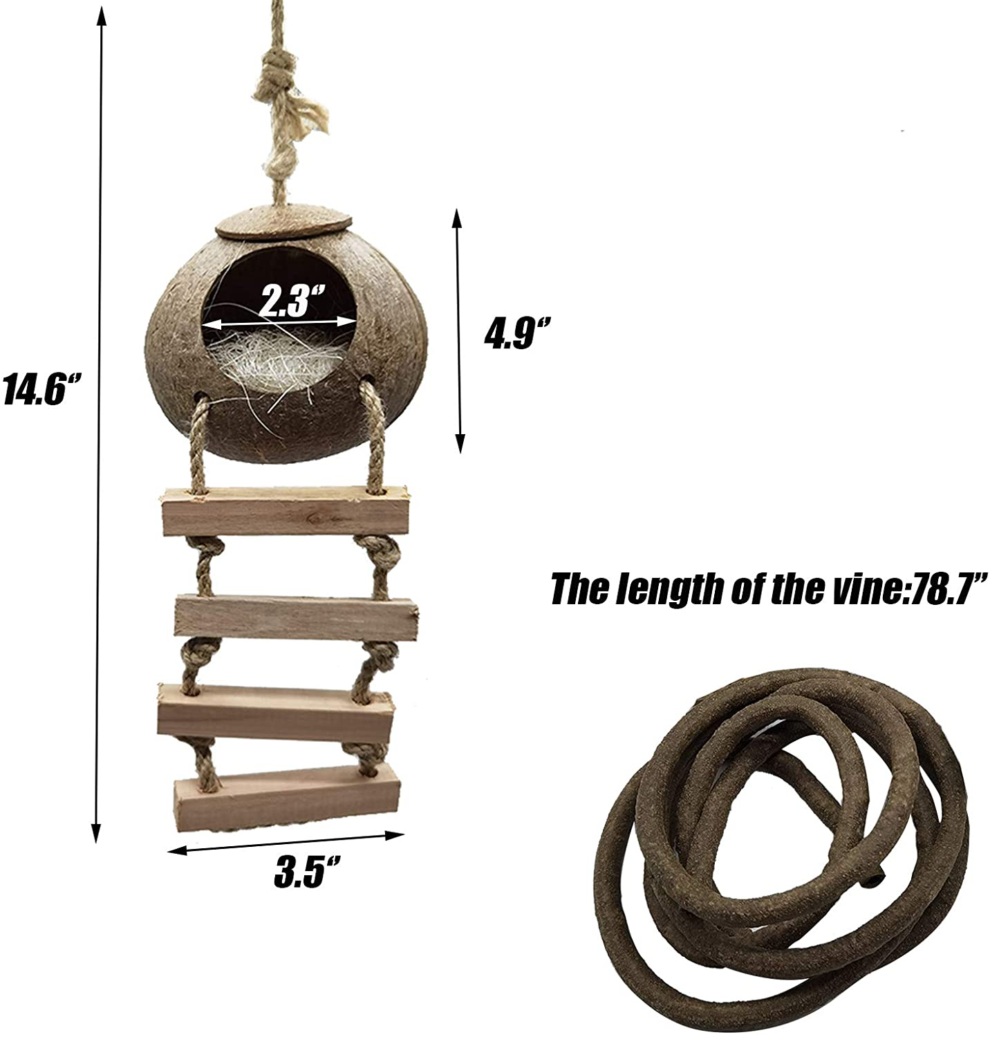 Tfwadmx Reptile Hide Coconut with Ladder,Natural Gecko Hanging Hideout Cave Hut Climbing Jungle Vine Flexible Reptile Leaves with Coconut Fiber for Turtle Beared Dragon Spider Lizard Frog Chameleon. Animals & Pet Supplies > Pet Supplies > Reptile & Amphibian Supplies > Reptile & Amphibian Habitats Tfwadmx