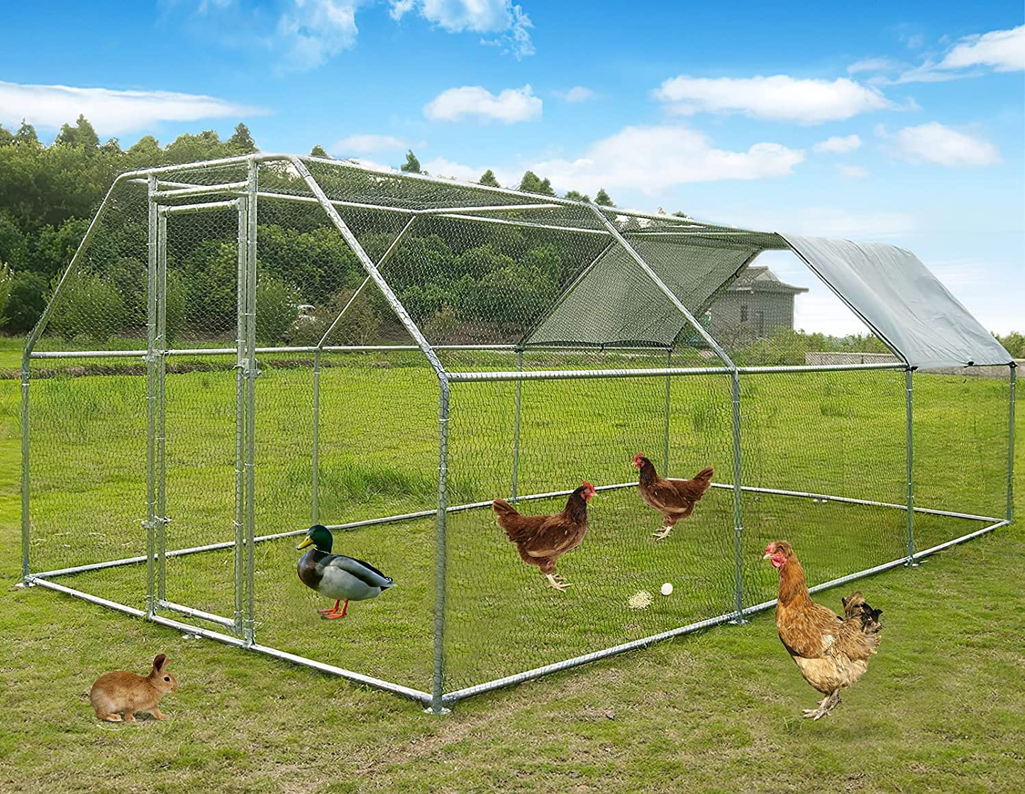 Grepatio Chicken Coop,Large Metal Chicken Run Cage,Dog Kennel Outdoor Duck House with Waterproof and Anti-Ultraviolet Cover for Backyard and Farm Use Animals & Pet Supplies > Pet Supplies > Dog Supplies > Dog Houses Grepatio 236”x118”x79” Flat Top