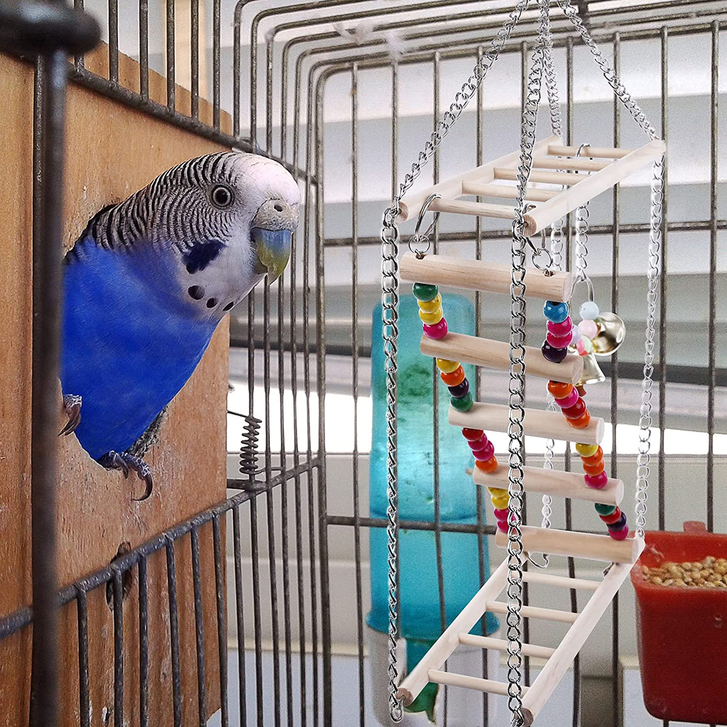 SAWMONG Bird Ladder, Bird Climbing Toys for Parrots, Wooden Bird Perch Bird Exercise Gym with Ladder and Bells for Parakeets Lovebirds Cockatiels and Small Birds Animals & Pet Supplies > Pet Supplies > Bird Supplies > Bird Ladders & Perches SAWMONG