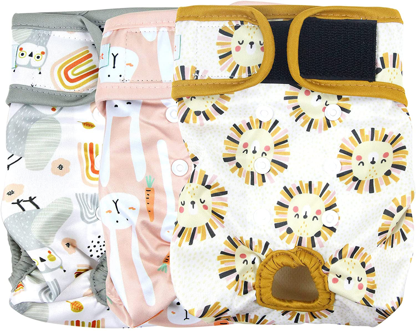 Langsprit Washable Female Dog Diapers (3 Pack) - No Leak Reusable Diapers for Doggy Female in Period - Highly Absorbent Dog Heat Panties with Adjustable Snaps Animals & Pet Supplies > Pet Supplies > Dog Supplies > Dog Diaper Pads & Liners Langsprit Rabbit, Owl, Lion X-Large