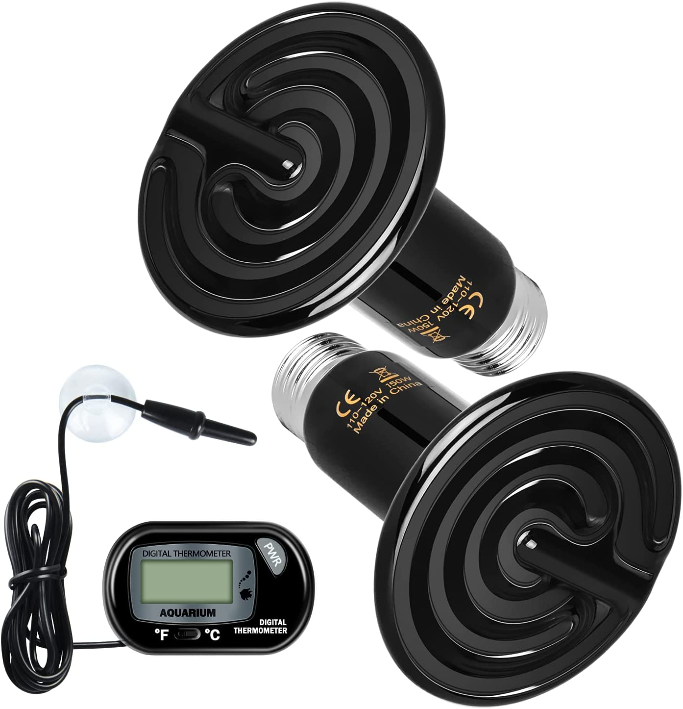 Simple Deluxe 150W Ceramic Heat Emitter Reptile Heat Lamp Bulb No Light Emitting Brooder Coop Heater for Amphibian Pet & Incubating Chicken, 1 Pack/ 2 Pack with Thermometer, Black & White Animals & Pet Supplies > Pet Supplies > Reptile & Amphibian Supplies > Reptile & Amphibian Habitat Heating & Lighting Simple Deluxe Black 2-Pack+Thermometer