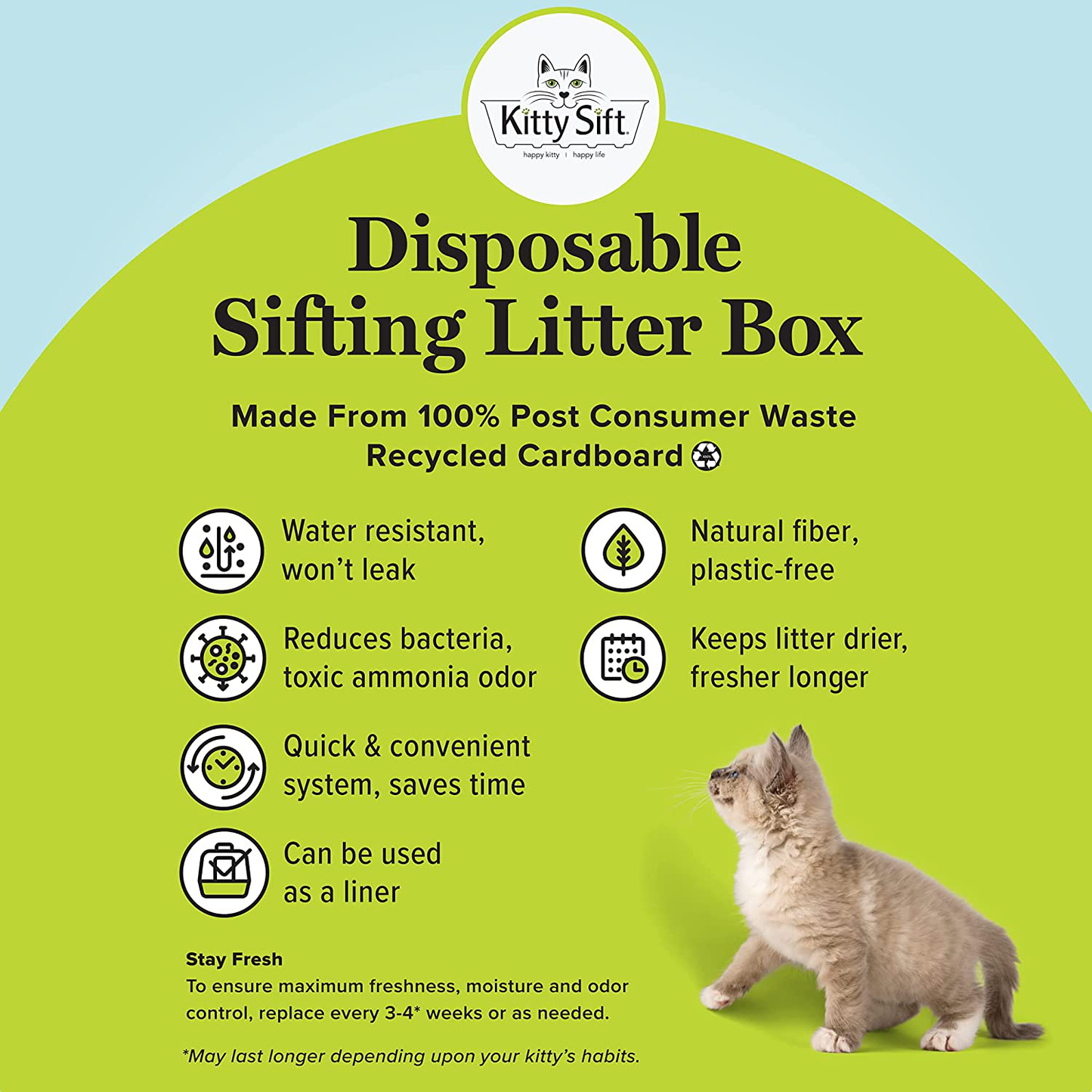 Kitty Sift Disposable Plastic Free Sifting Litter Box and Liner plus PROBIOTIC Litter, Large 8 Layer Set, 13.8 X 17.8 X 8.5, 7 Sifting Trays, 1 Base Tray and High Shield Lid, Recycled Cardboard, Waterproof Coating Animals & Pet Supplies > Pet Supplies > Cat Supplies > Cat Litter Box Liners KITTY SIFT HAPPY KITTY HAPPY LIFE
