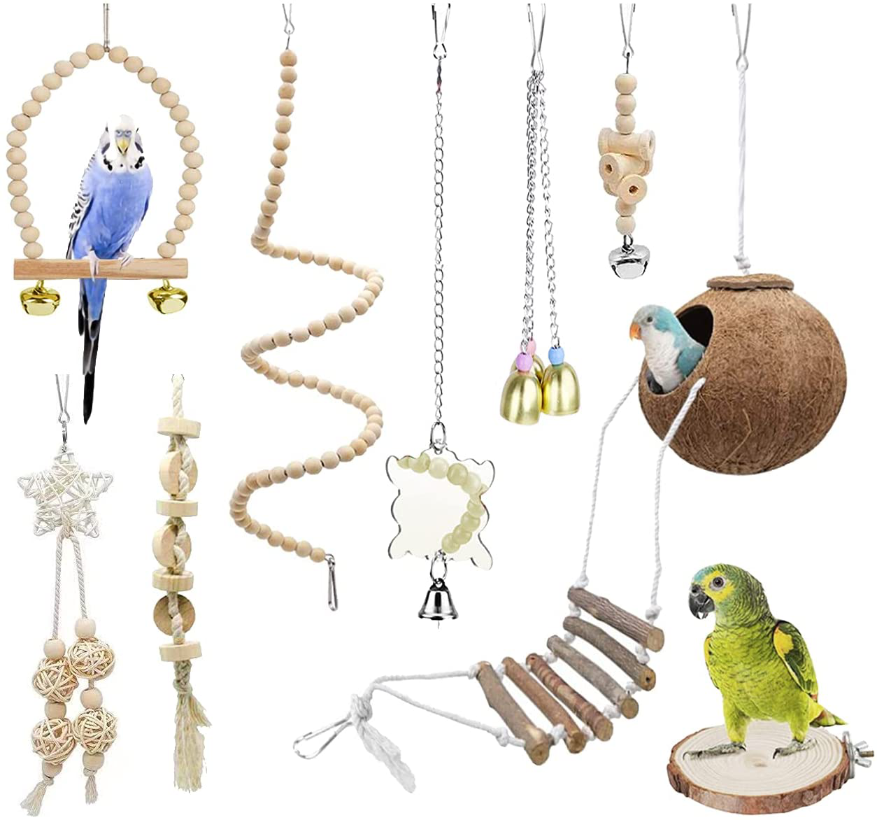 TOLMIOW 9 Pieces Parrots Chewing Natural Wood and Rope Bungee Bird Toy for Anchovies, Coconut Hideaway with Ladder ,Bird Perch Stand, Bird Cage Accessories, Parakeets, Cockatiel, Conure, Mynah, Macow Animals & Pet Supplies > Pet Supplies > Bird Supplies > Bird Cage Accessories TOLMIOW