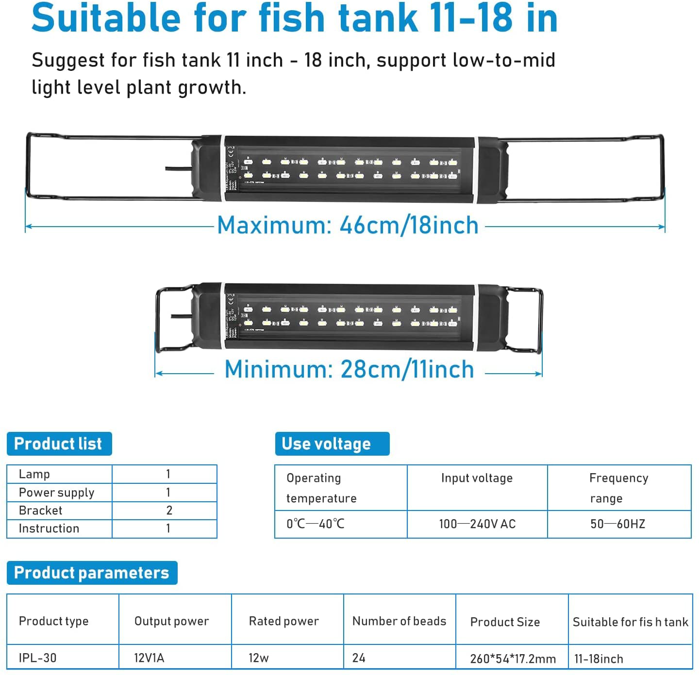 FUJIWAY Aquarium Lights, LED Fish Tank Light with Aluminum Alloy Shell Extendable Brackets, Waterproof Full Spectrum White and Blue LED, for Simulation Sunrise and Sunset Function Animals & Pet Supplies > Pet Supplies > Fish Supplies > Aquarium Decor FUJIWAY