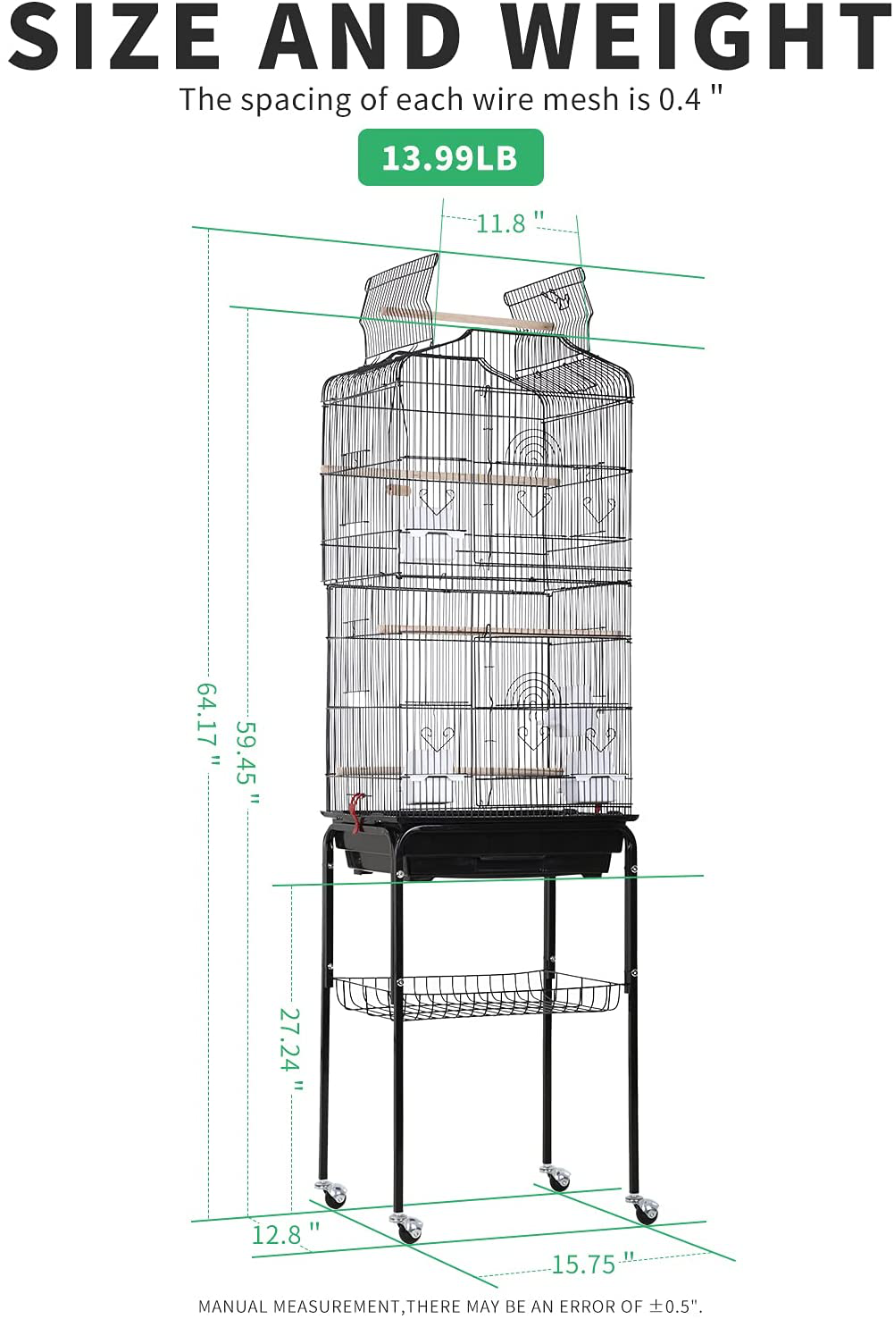 HCB 64-Inch Open Top Standing Bird Cage with Rolling Stand for Parrots Lovebirds Parakeets Cockatiel Medium Small Bird Cage Animals & Pet Supplies > Pet Supplies > Bird Supplies > Bird Cages & Stands HCB