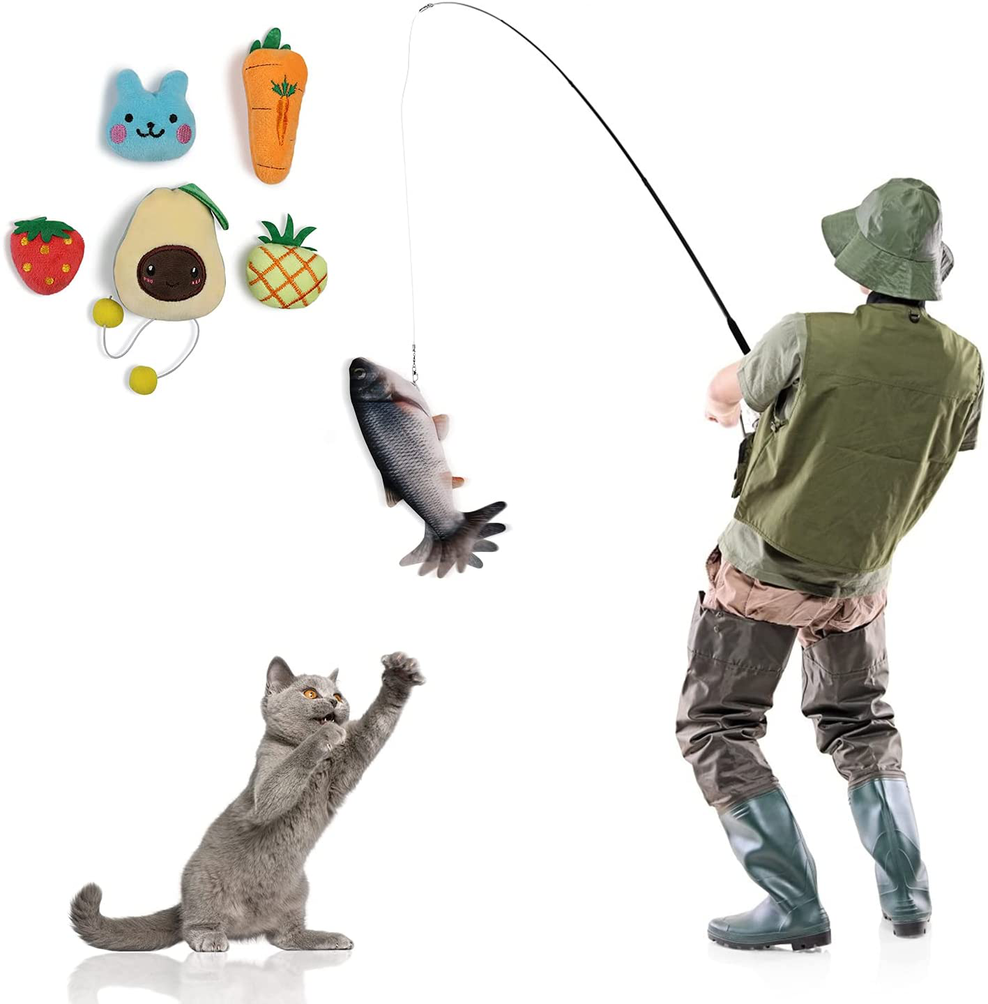 Beewarm Floppy Fish Cat Toy Flopping Fish Dog Toy - Lifetime Replacement - 7 Types Fish for Choice - Motion Kitten Toy, Plush Interactive Cat Toys, Fun Toy for Cat Exercise Animals & Pet Supplies > Pet Supplies > Cat Supplies > Cat Toys Beewarm Catfish with Fishing Rod