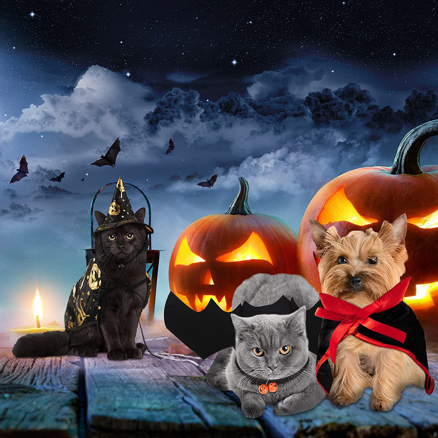 Frienda 4 Pieces Halloween Pet Costume Sets Cat Bat Wing with Bell Halloween Pet Cat Witch Cape Pet Vampire Costume Cloak Cat Witch Hat for Cats Kitten Puppy Cosplay Party Decoration Animals & Pet Supplies > Pet Supplies > Cat Supplies > Cat Apparel Frienda