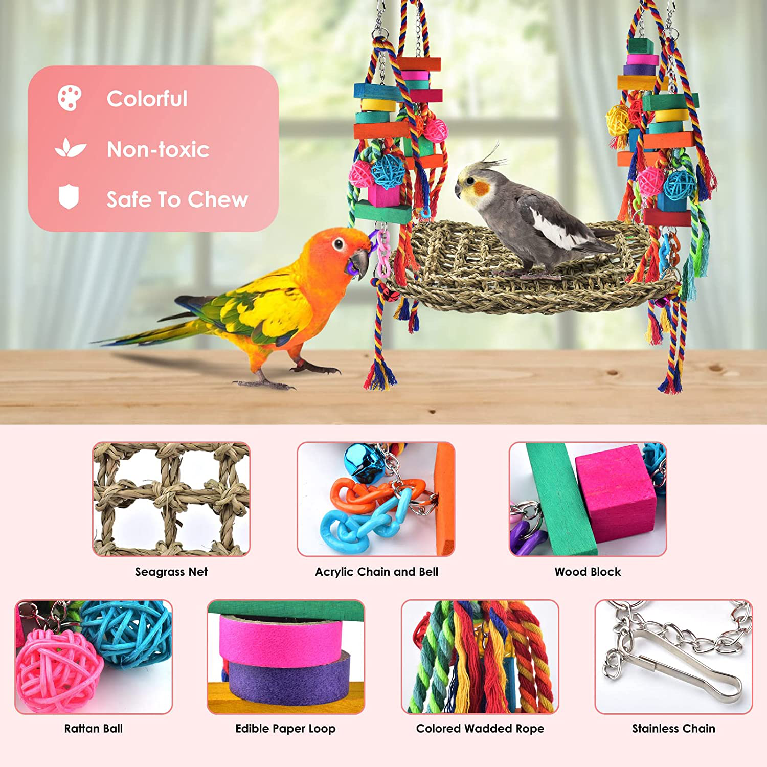 KATUMO Bird Toys, Bird Foraging Wall Toy, Edible Seagrass Woven Climbing Hammock Swing Mat with Colorful Chewing Toys, Suitable for Lovebirds, Finch, Parakeets, Budgerigars, Conure, Cockatiel Animals & Pet Supplies > Pet Supplies > Bird Supplies > Bird Toys KATUMO   