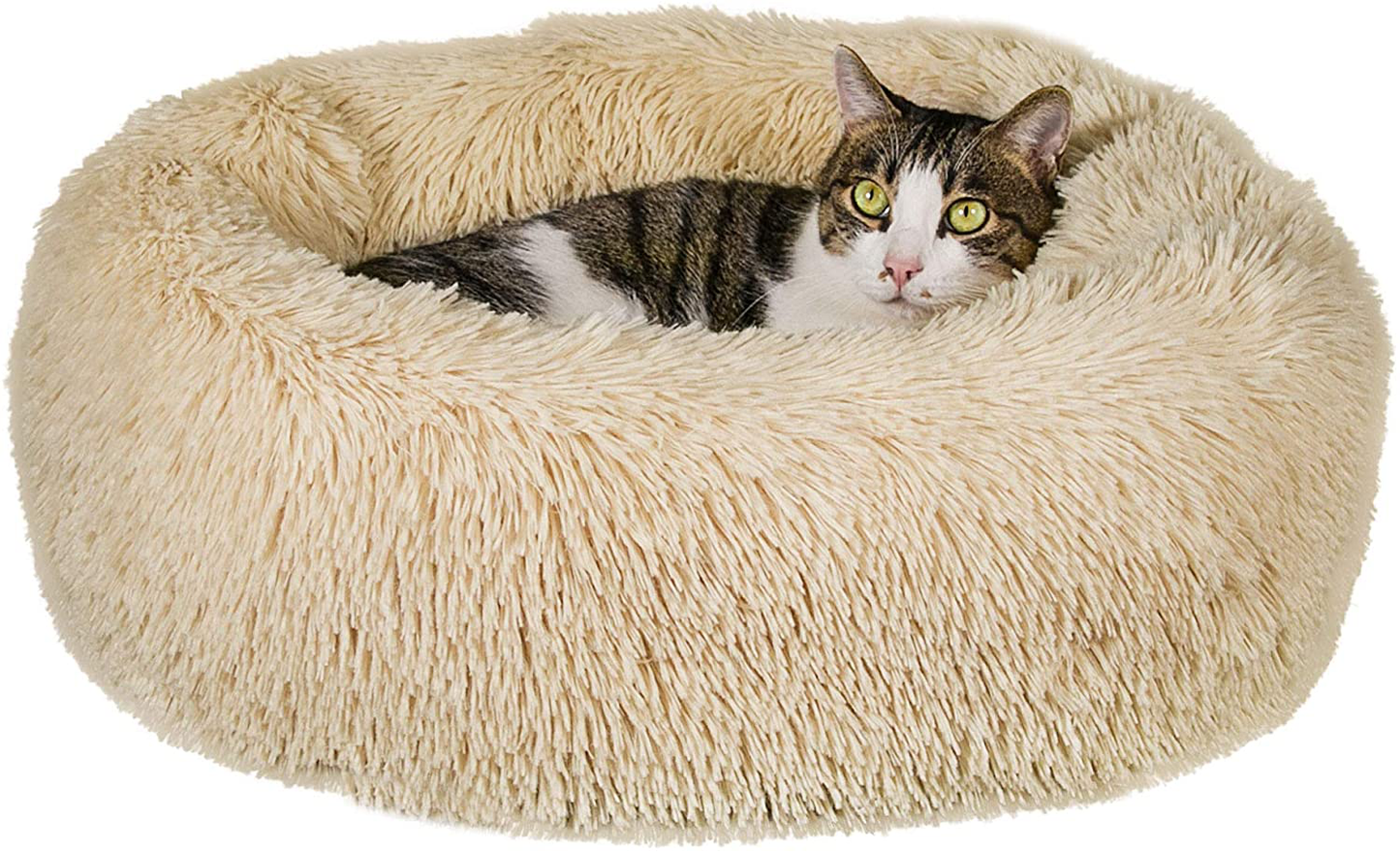 Qucey Dog Cat Bed Soft Comfortable Faux Fur Donut Cuddler, Self-Warming Fluffy Dog and Cat Calming Cushion Bed with Non-Slip Bottom for Joint-Relief and Improved Sleep Animals & Pet Supplies > Pet Supplies > Cat Supplies > Cat Beds Qucey Beige 23"