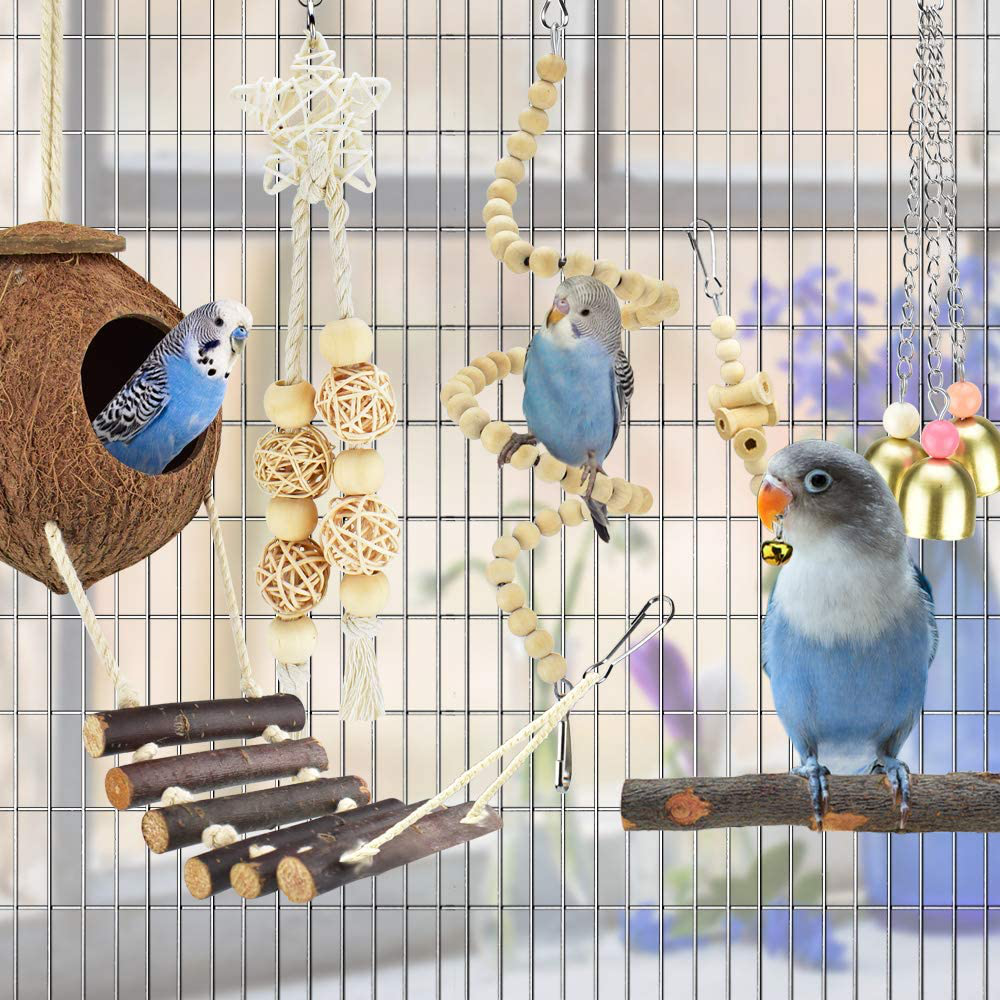 KATUMO Bird Toys, Natural Wood Coconut Bird House with Ladder Hanging Swing Pet Climbing Rotated Ladder Chewing Bells Bird Toys for Parakeet, Conure, Cockatiel, Mynah, Love Birds, Finch Animals & Pet Supplies > Pet Supplies > Bird Supplies > Bird Cage Accessories KATUMO