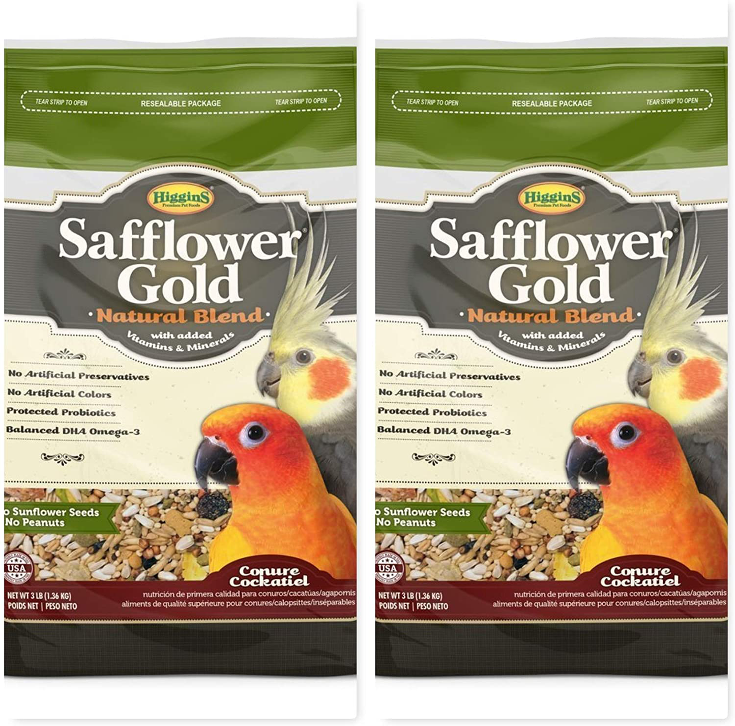 Higgins 2 Pack Safflower Gold Natural Conure & Cockatiel Food. 3 LBS. Ea Safflower Gold Natural Conure & Cockatiel Food. 2 Bags 6 Pounds Total. Animals & Pet Supplies > Pet Supplies > Bird Supplies > Bird Food Higgins