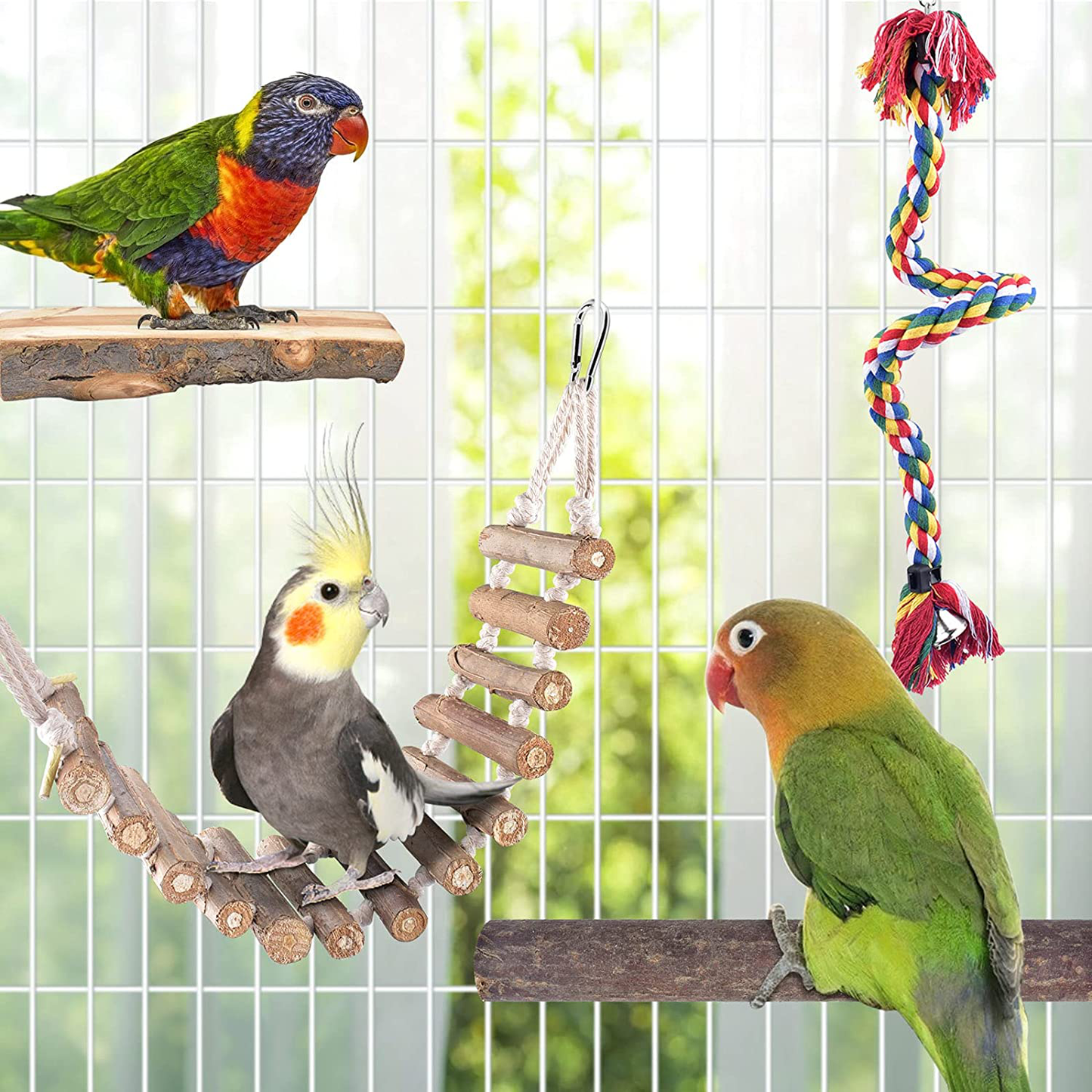 ERKOON Bird Perch Set, Birds Toy Natural Wood Perches Stand Platform Swing Ladder Rope Bird Cage Accessories for Parrot Parakeets Cockatiels Conures Lovebirds Finches (4Pack) Animals & Pet Supplies > Pet Supplies > Bird Supplies > Bird Ladders & Perches ERKOON