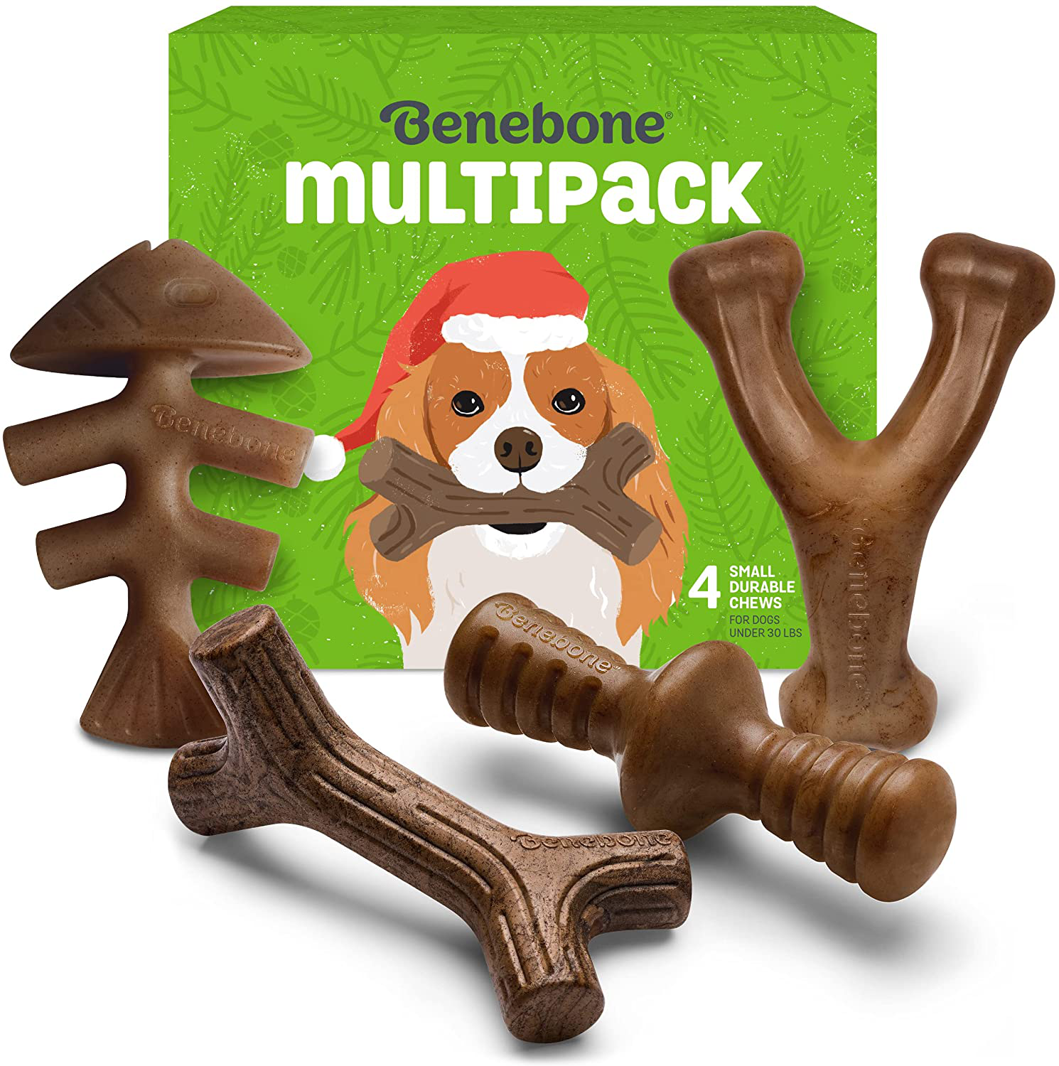 Benebone Holiday 4-Pack Durable Dog Chew Toys for Aggressive Chewers, Real Flavors, Made in USA Animals & Pet Supplies > Pet Supplies > Dog Supplies > Dog Toys Benebone Small  