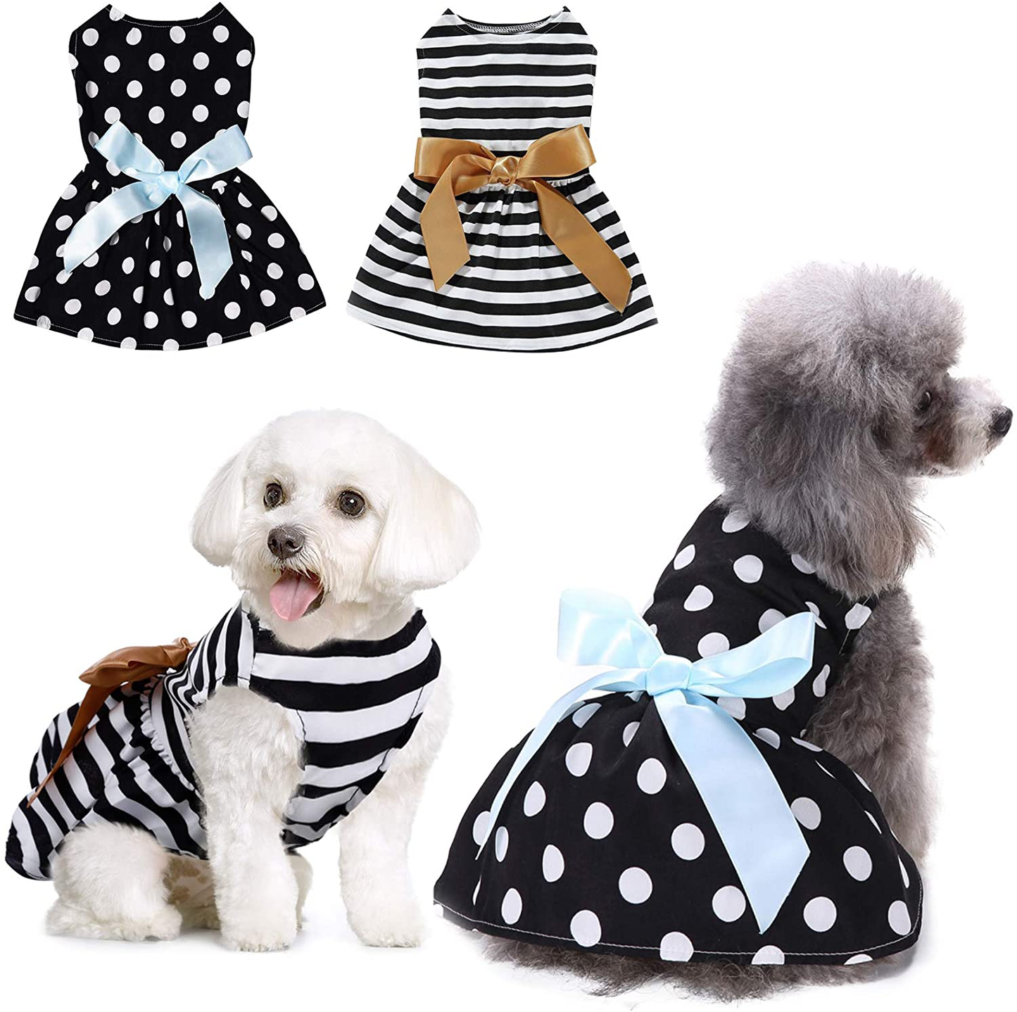 KOESON 2 Pack Dog Dresses Pet Princess Skirts with Ribbon Bowknot, Cute Puppy Sundress Spring Summer Shirts Vest for Small Dogs Cats, Pet Apparel Clothes Doggie Costume for Wedding Holiday Birthday Animals & Pet Supplies > Pet Supplies > Cat Supplies > Cat Apparel KOESON Polka dot and Striped X-Small