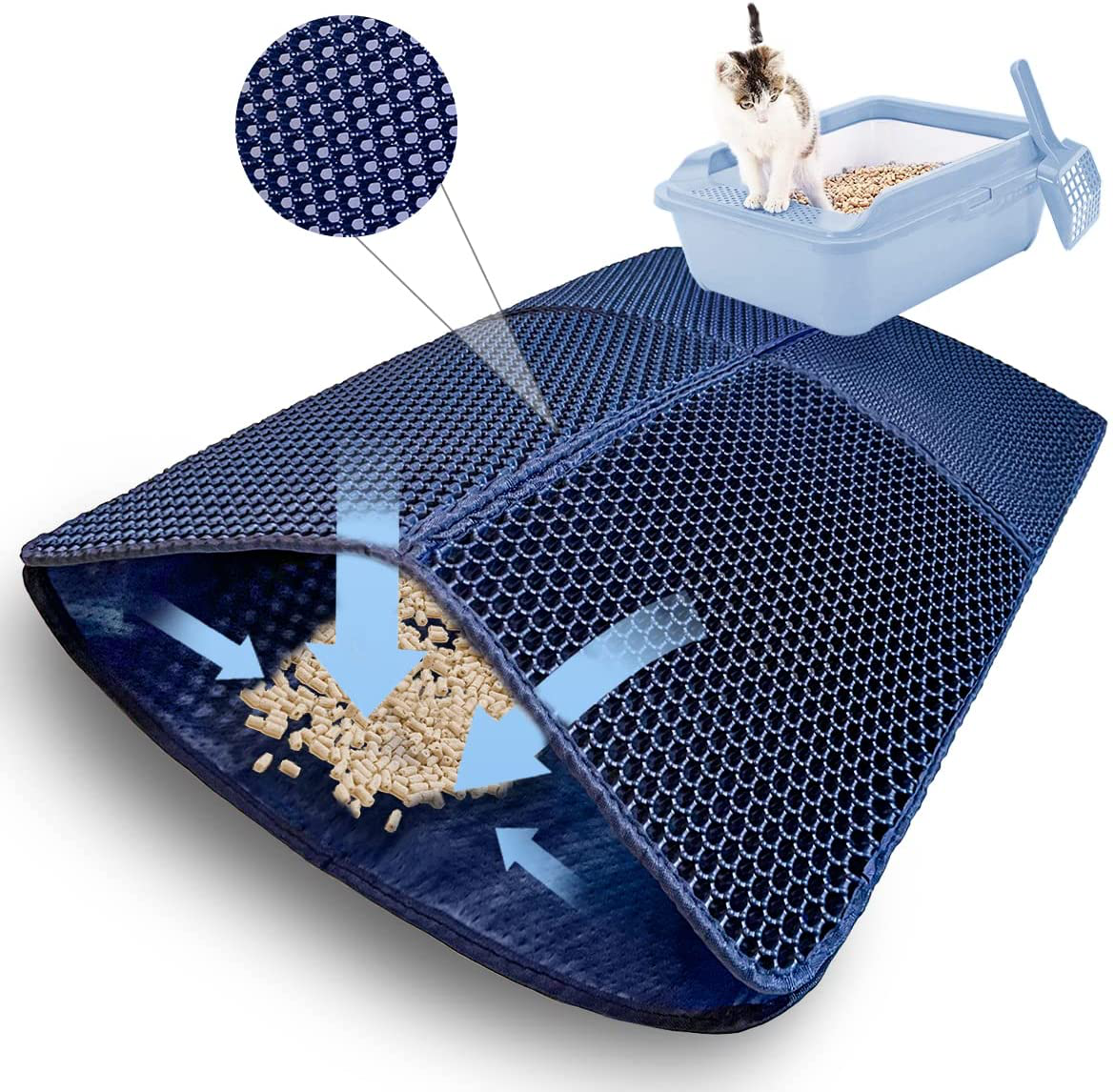 SIDUSAN Cat Litter Trapping Mat 30”X 22”Cat Litter Mat Kitty Litter Box Mat, Honeycomb Double Layer Foldable Litter Mat, Pretty Waterproof Urine Proof Mat, Scatter Control 2-Layer Easy Clean 1 Pack Animals & Pet Supplies > Pet Supplies > Cat Supplies > Cat Litter Box Mats SIDUSAN Dark Blue 30”X 22” X 0.31''