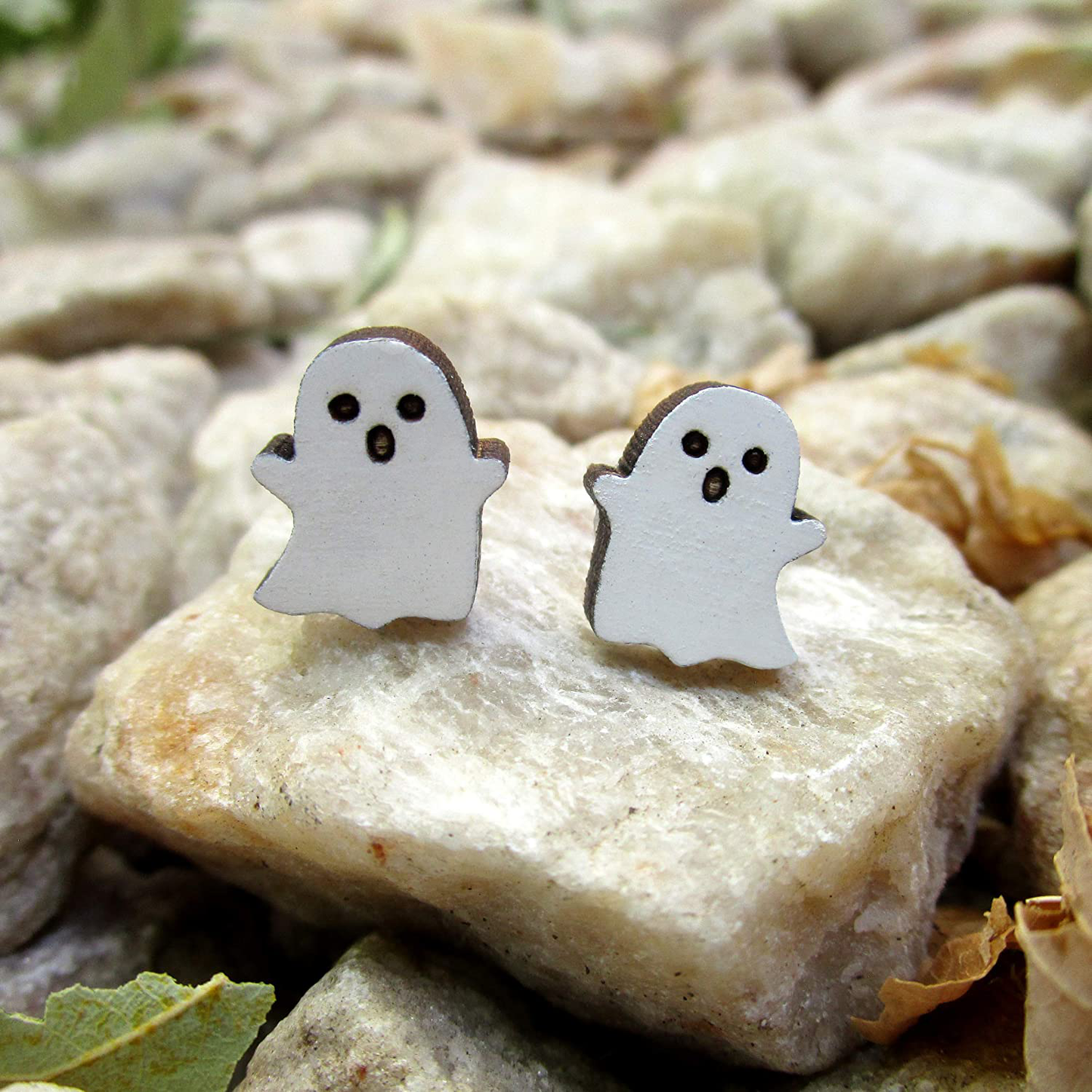 Cute Little Kawaii Wooden White Ghost Stud Earrings, Adorable Funny Halloween Jewelry Stainless Steel Posts Animals & Pet Supplies > Pet Supplies > Small Animal Supplies > Small Animal Food It's Just So You