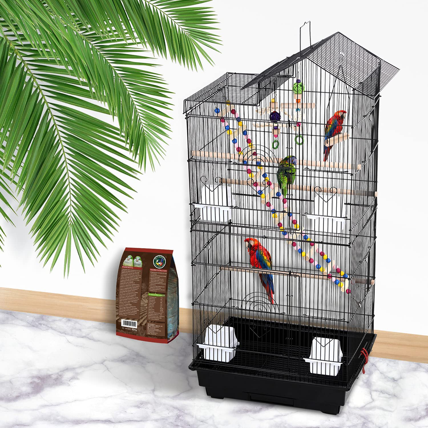 HCY 39 Inches Bird Cage Roof Top Large Flight Parrot Bird Cage with Toys for Small Medium Birds, Cockatiel,Parakeets,Parrot,Lovebirds,Finch,Canary Pet Bird Cage Animals & Pet Supplies > Pet Supplies > Bird Supplies > Bird Cage Accessories HCY
