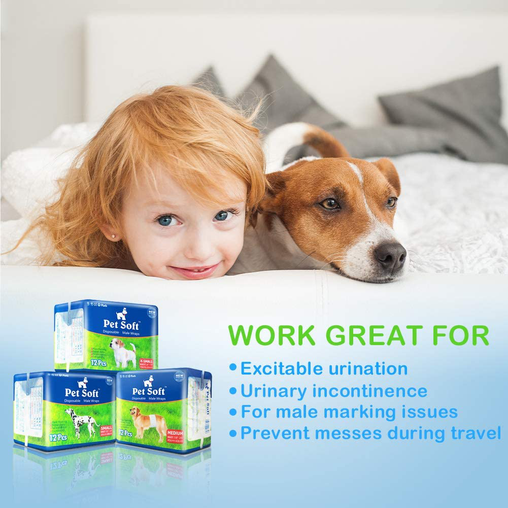Pet Soft Disposable Dog Wraps - Disposable Male Dog Diapers for Male Puppy Doggy Marking Incontinent 12-72 Counts Animals & Pet Supplies > Pet Supplies > Dog Supplies > Dog Diaper Pads & Liners Pet Soft