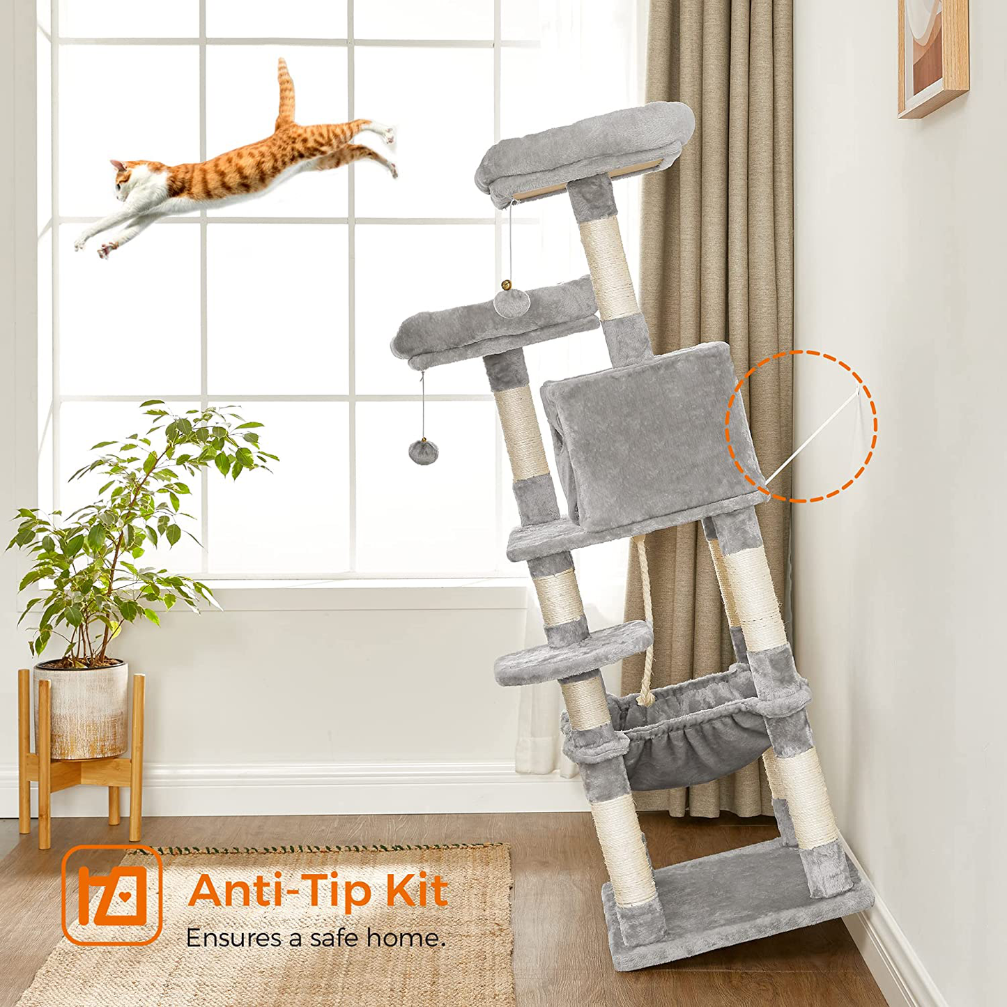 FEANDREA 56.3-Inch Multi-Level Cat Tree with Sisal-Covered Scratching Posts, Plush Perches, Hammock, and Condo, Cat Tower Furniture, for Kitten, Pet Animals & Pet Supplies > Pet Supplies > Cat Supplies > Cat Furniture FEANDREA