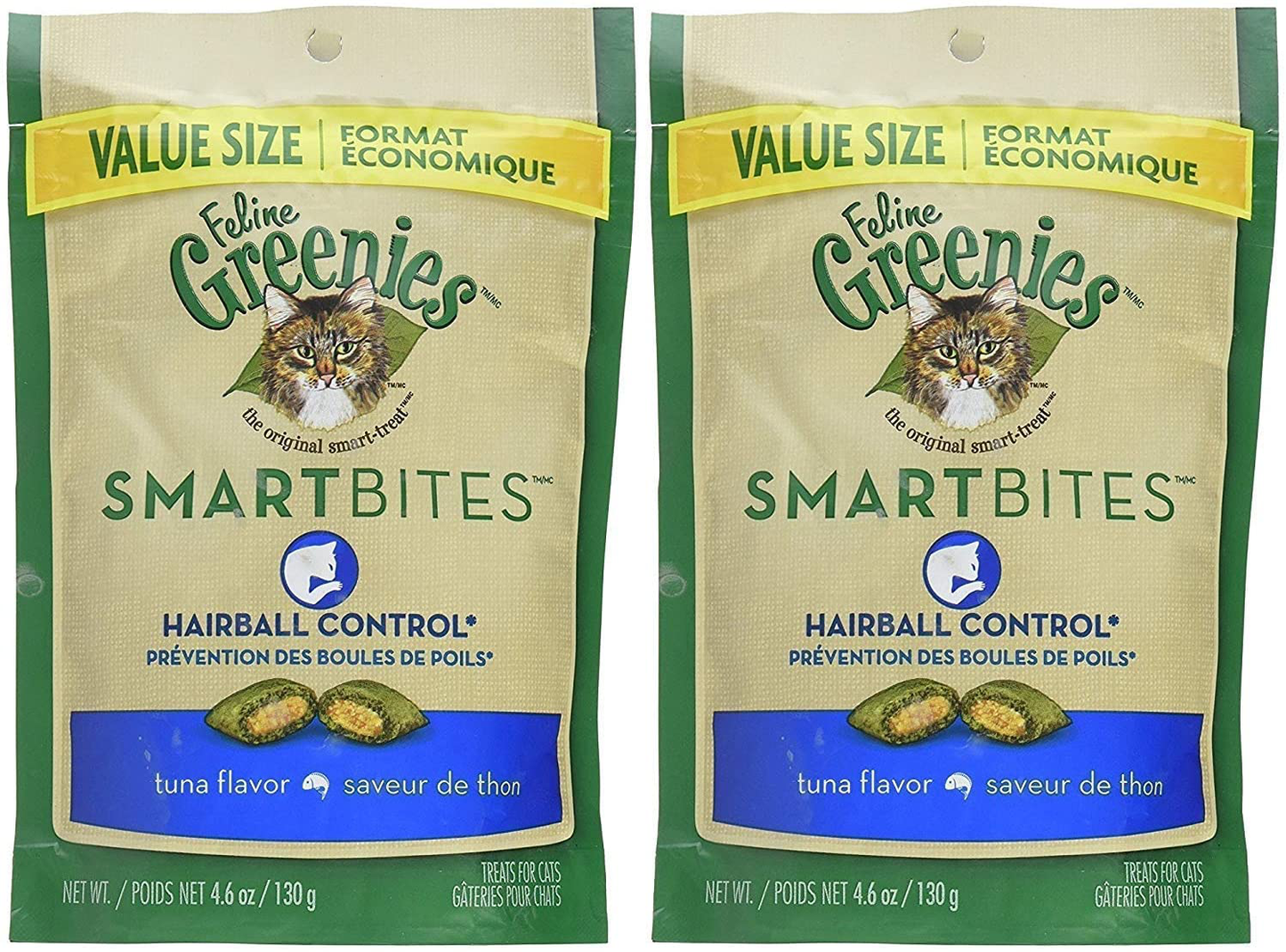 Feline Greenies 2 Pack of Smartbites Hairball Control Cat Treats, Tuna, 4.6 Ounces per Pack Animals & Pet Supplies > Pet Supplies > Cat Supplies > Cat Treats Greenies