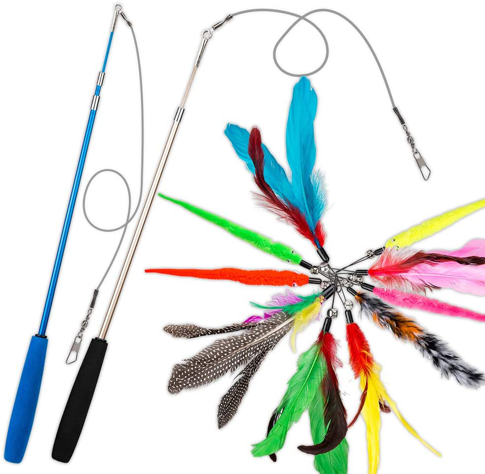 JIARON Cat Feather Toy, 2PCS Retractable Cat Wand Toys and 10PCS Replacement Teaser with Bell Refills, Interactive Catcher Teaser and Funny Exercise for Kitten or Cats. Animals & Pet Supplies > Pet Supplies > Cat Supplies > Cat Apparel JIARON