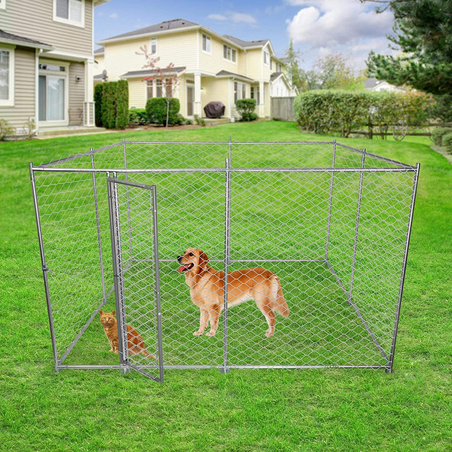 LUCKYERMORE Large Outdoor Dog Kennel Pet Playpen Dog Kennel for Training Chain-Link Mesh Sidewalls Lockable Single Door Animals & Pet Supplies > Pet Supplies > Dog Supplies > Dog Kennels & Runs LUCKYERMORE 9.8 ft x 9.8 ft x 5.9 ft
