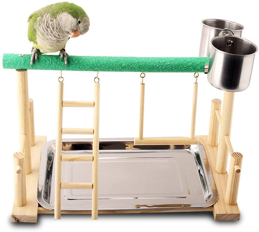Keersi Parrots Playstand Wood Perch Stand Ladder Swing with Toy for Bird Parakeet Cockatiel Conure African Grey Cockatoo Macaw Amazon Lovebird Budgie Finch Canary Animals & Pet Supplies > Pet Supplies > Bird Supplies > Bird Gyms & Playstands Keersi Perch+ Feeder