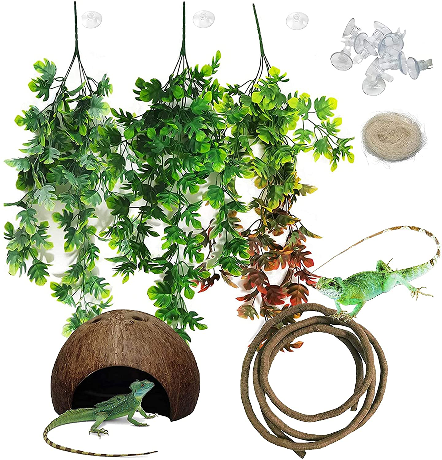 Kathson Reptiles Terrarium Plants Hanging Plastic Fake Vines Lizards Climbing Decor Natural Coconut Reptile Hideouts for Lizards, Nesting Home Hide Durable Cave Habitats Animals & Pet Supplies > Pet Supplies > Reptile & Amphibian Supplies > Reptile & Amphibian Habitats kathson Style 1