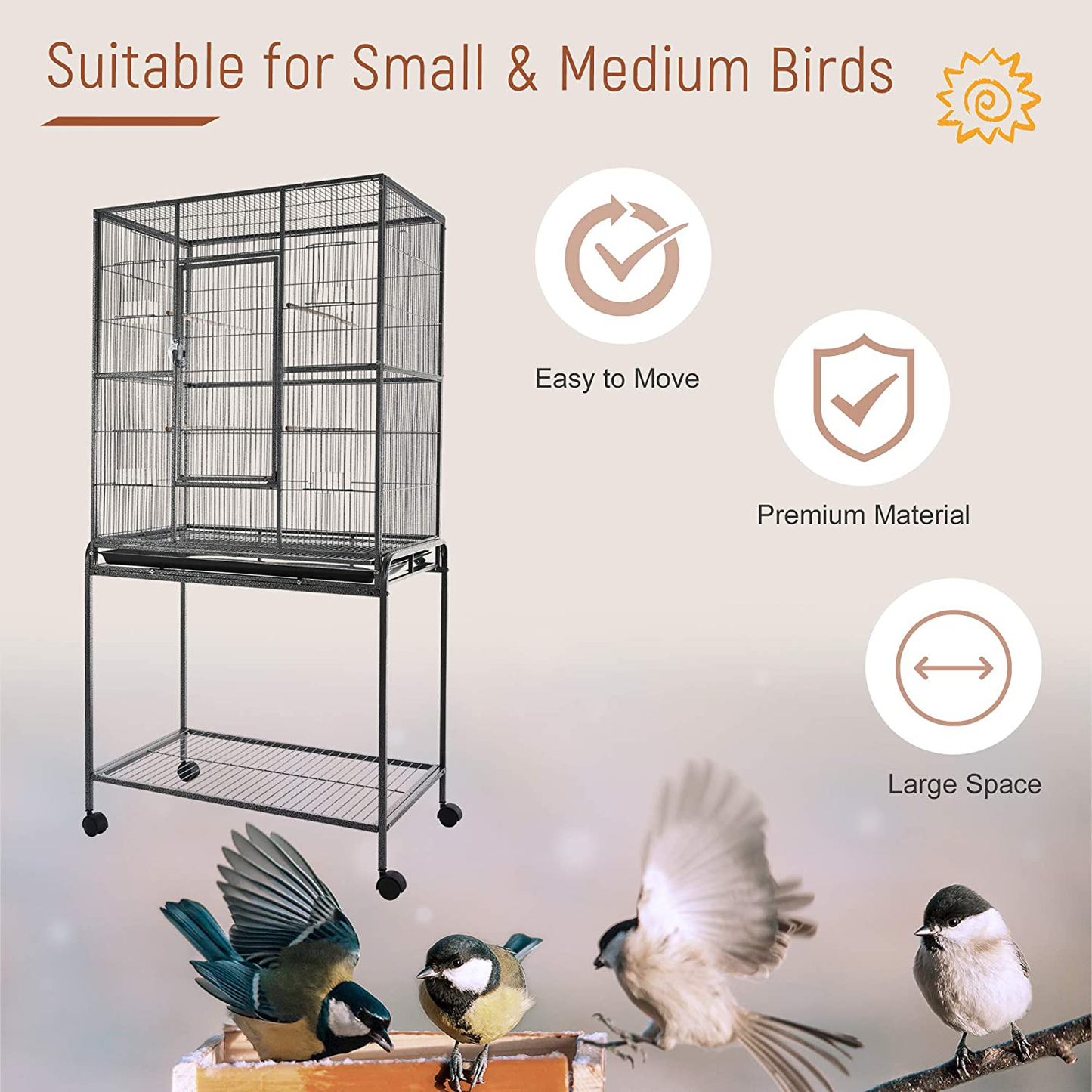 Pawhut Rolling Metal Bird Cage Feeder with Detachable Rolling Stand, Storage Shelf, Wood Perch & Food Container Animals & Pet Supplies > Pet Supplies > Bird Supplies > Bird Cage Accessories PawHut