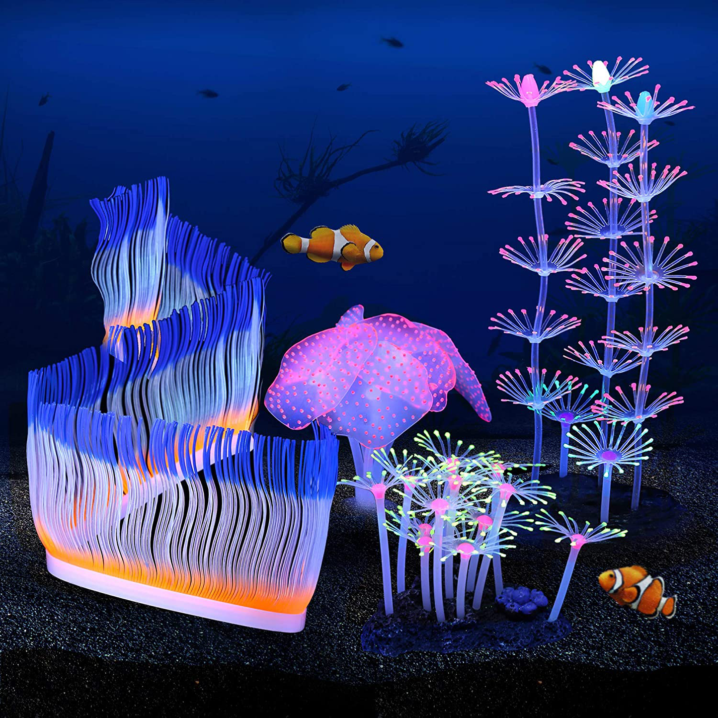 Filhome Glowing Fish Tank Decorations Plants, 4 Pcs Glow Aquarium Decorations, Glowing Mushroom Coral Plant Ornaments Animals & Pet Supplies > Pet Supplies > Fish Supplies > Aquarium Decor Filhome Princess anemone, Strip coral, Coral, Anemone