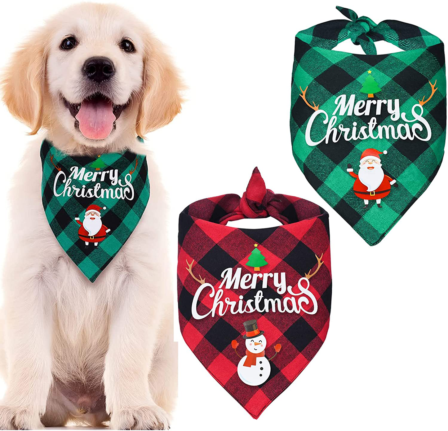 Christmas Dog Bandanas 2 or 4 Pack Soft Buffalo Plaid Dog Bandana Scarf with Merry Christmas Santa Snowman Print for Small Medium Large Dogs Cats, Adjustable Holiday Cute Dog Christmas Outfit Animals & Pet Supplies > Pet Supplies > Dog Supplies > Dog Apparel VMPETV Red+Green (Pack of 2)