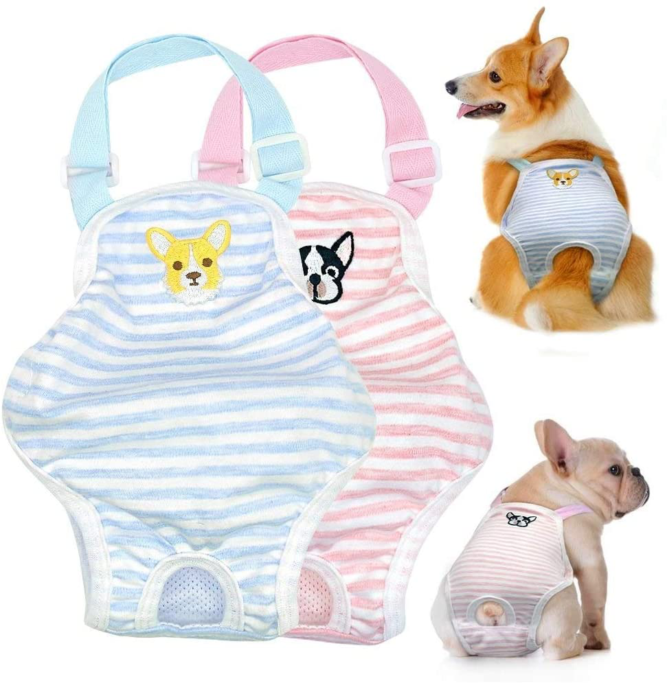 Stock Show Small Dog Cute Summer Cotton Stripe Sanitary Pantie with Adjustable Strap Suspender Physiological Pants Pet Underwear Diaper Jumpsuit for Girl Dog Teddy Young Corgi French Bulldog Puppy Animals & Pet Supplies > Pet Supplies > Dog Supplies > Dog Diaper Pads & Liners Stock Show Corgi-l