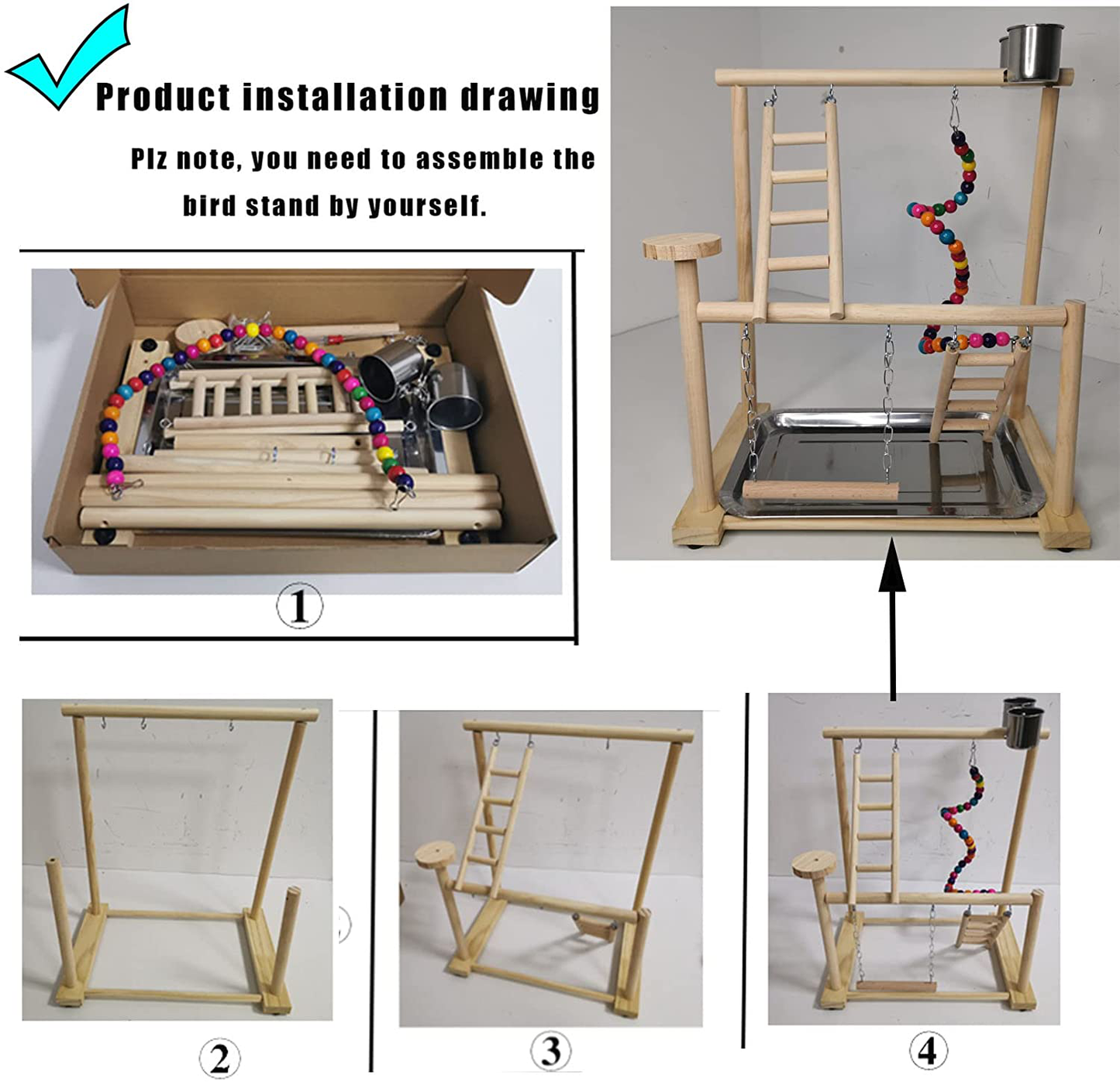 Parrots Playground, Bird Play Gym Wood Perch Stand Colours Revolving Climb Ladders Swing Chewing Toys with Parakeet Feeding Cups Exercise Activity Center for Conure Cockatiel Lovebirds(Include a Tray) Animals & Pet Supplies > Pet Supplies > Bird Supplies > Bird Gyms & Playstands Hamiledyi