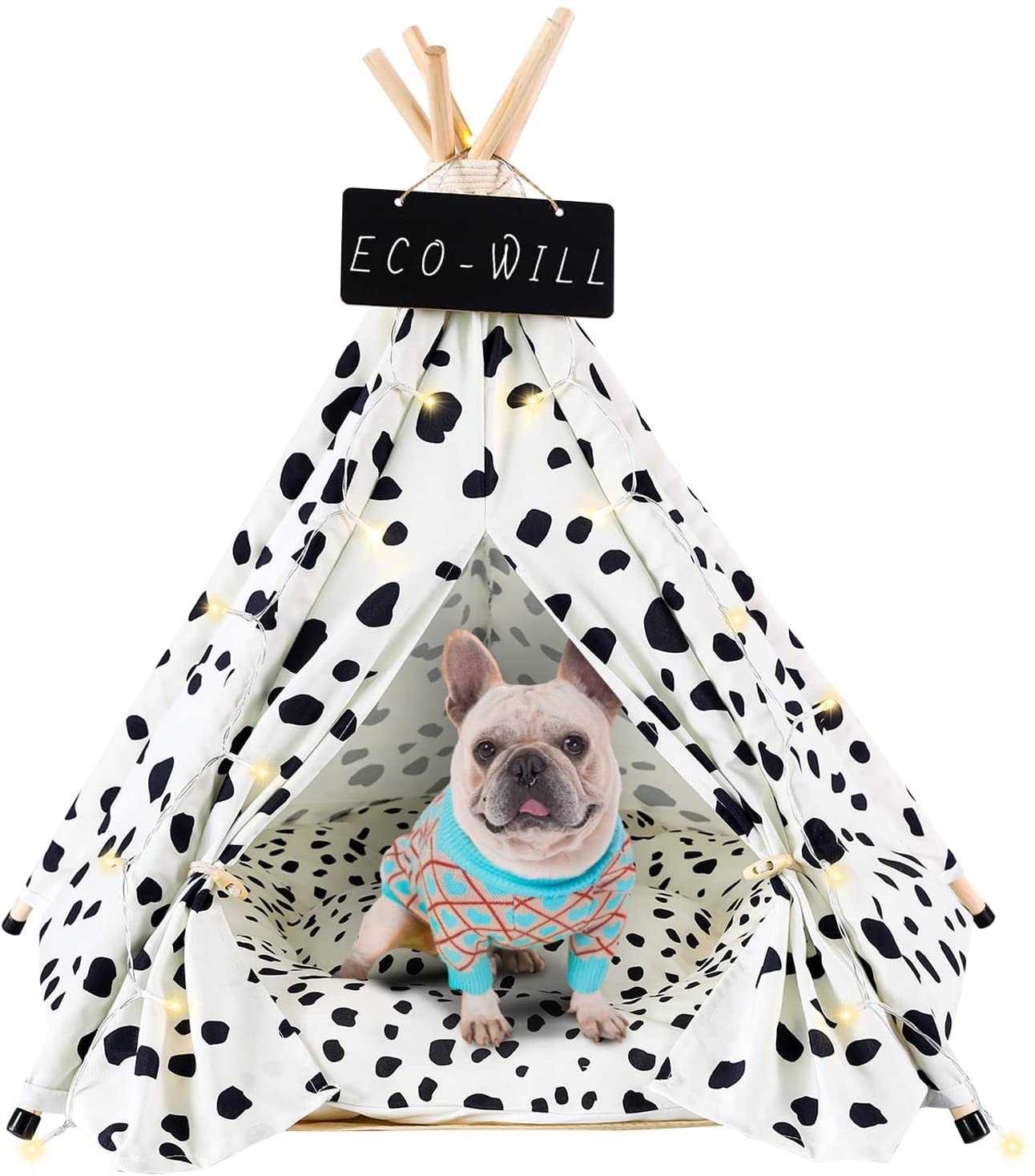 ECO-WILL Pet Teepee Pet Tent with Cushion Portable Puppy Bed for Small Dogs and Cats Folding Dogs House with LED Light String for Indoor and Outdoor,Christmas,24Inches Animals & Pet Supplies > Pet Supplies > Dog Supplies > Dog Houses ECO-WILL Black and White