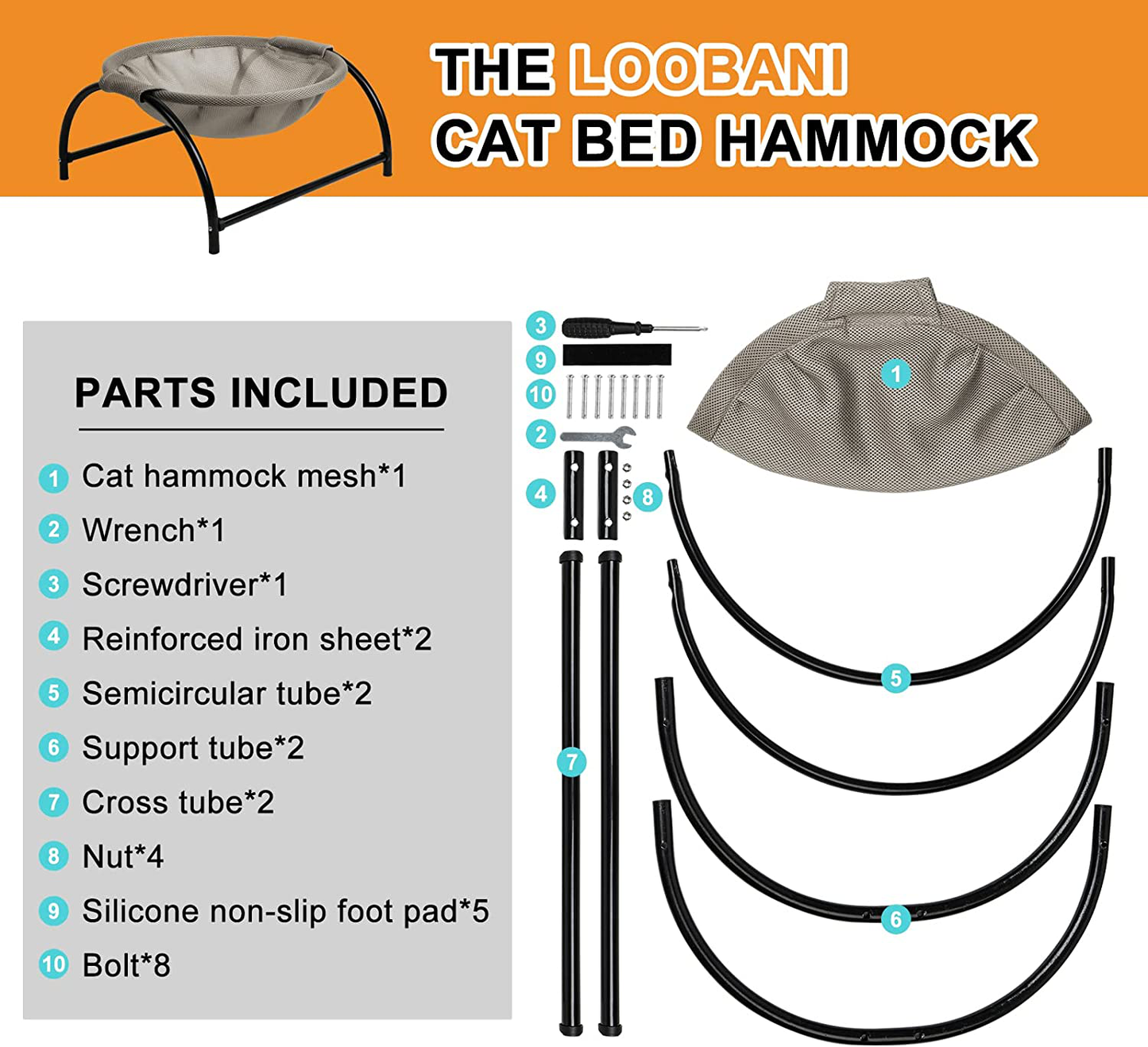 LOOBANI Cat Bed Hammock, Removable & Washable Elevated Pet Bed, Add Silicone Non-Slip Pads for Safe & Stable Protection of Floor, Suitable for Indoor & Outdoor Cat Chair for Kitty and Puppy Animals & Pet Supplies > Pet Supplies > Dog Supplies > Dog Beds LOOBANI