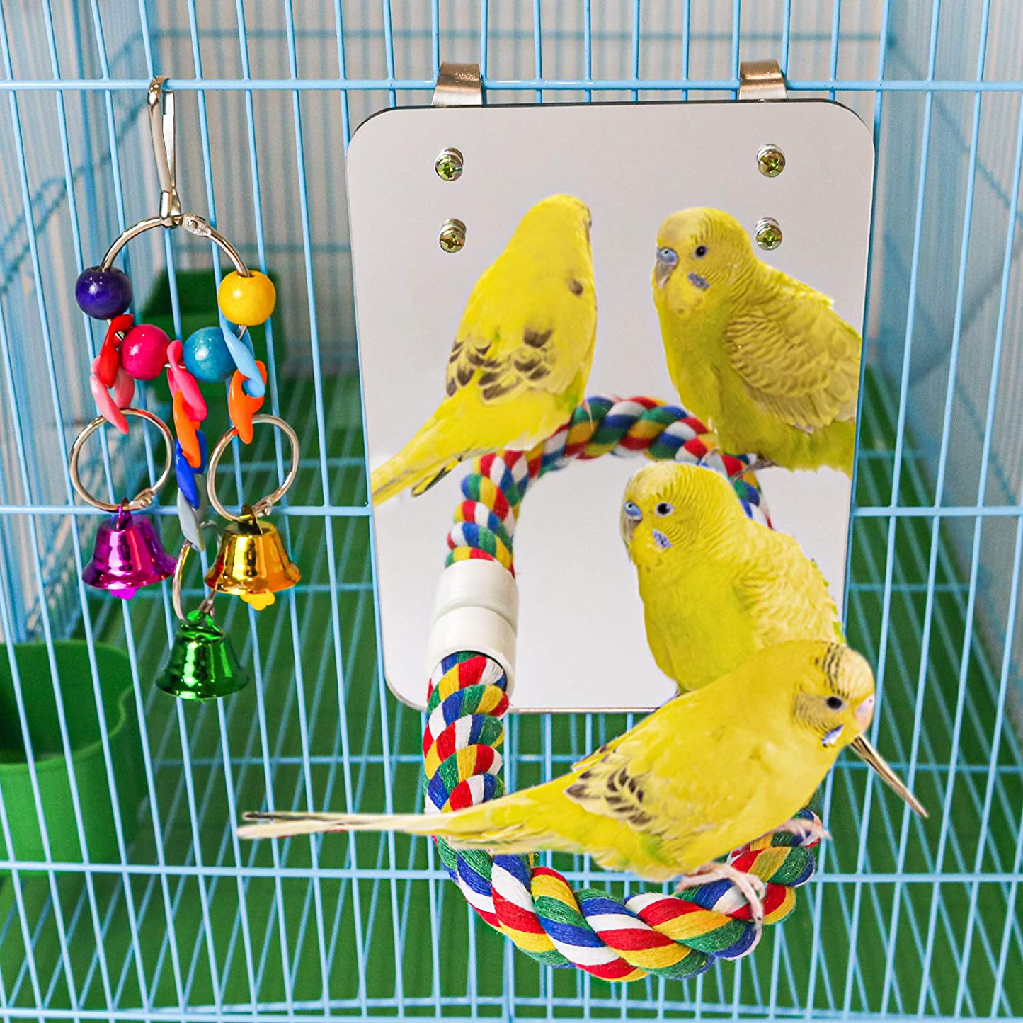 Suruikei 7 Inch Bird Mirror with Rope Perch Cockatiel Mirror Parrot Swing Toys Parrot Cage Toys for Parakeet Cockatoo Cockatiel Conure Lovebirds Finch Canaries Animals & Pet Supplies > Pet Supplies > Bird Supplies > Bird Toys suruikei