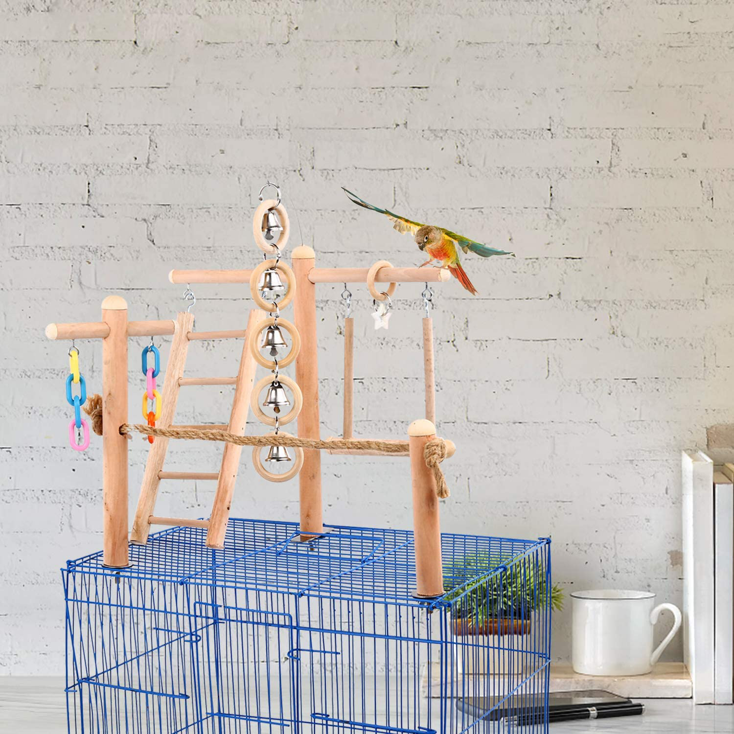 SAWMONG Wooden Bird Play Stand Perch Set, Parrot Playground Swing Toy, Cockatiel Birdcage Training Climbing Ladder, Parakeets Exercise Gym with Rope, Chew Toys for Conures Accessories Decor Animals & Pet Supplies > Pet Supplies > Bird Supplies > Bird Gyms & Playstands SAWMONG