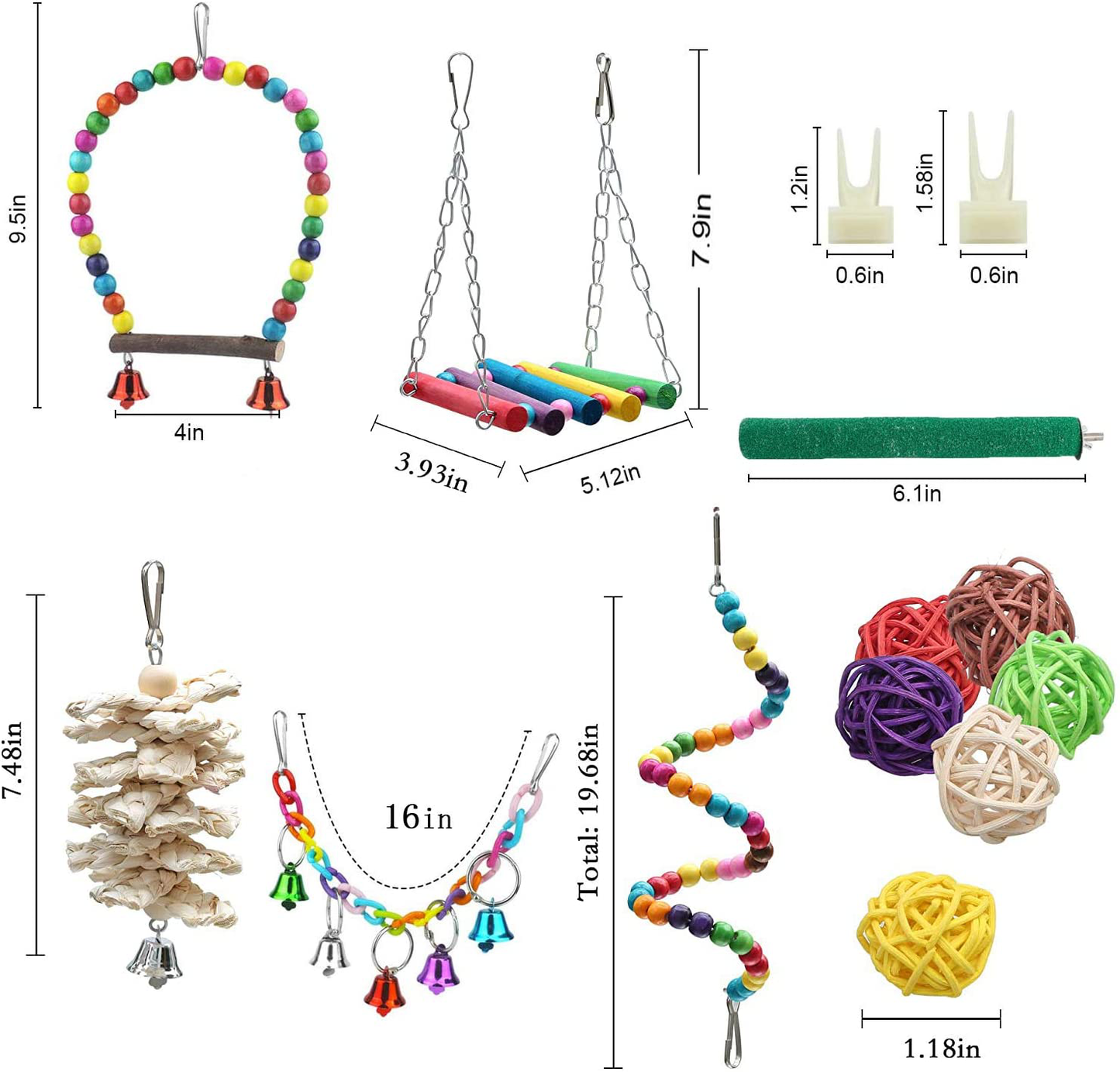SLO 15 Packs Small Bird Parrot Swing Chewing Toys - Hanging Bell Birds Cage Toys Suitable for Small Parakeets, Cockatiel, Conures,Finches,Budgie,Macaws, Parrots, Love Birds Animals & Pet Supplies > Pet Supplies > Bird Supplies > Bird Cage Accessories SLO